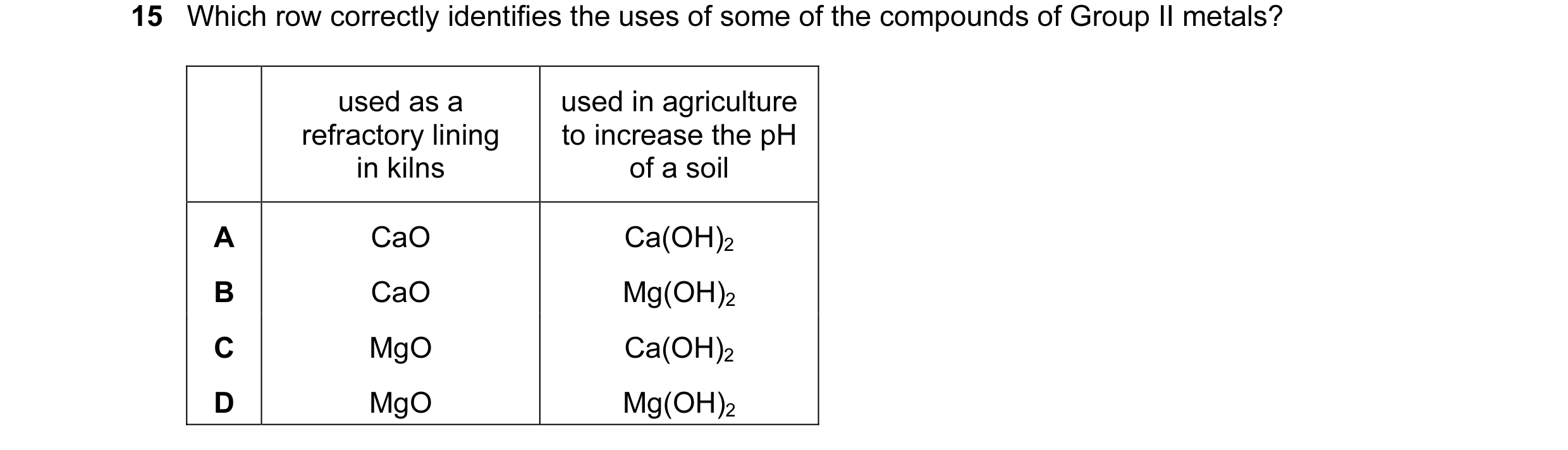 Question 78: Which row correctly identifies the uses of some of the compounds of Group II metals? used as a used in agriculture refractory lining to inc…