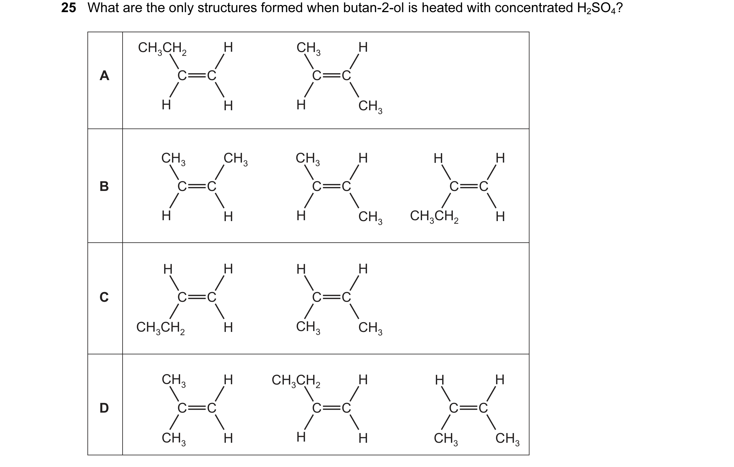 Question 114: What are the only structures formed when butan-2-ol is heated with concentrated H2SO4? CH3CH2 H CH3 H A C C C C H H H CH3 CH3 CH3 CH3 H H H…