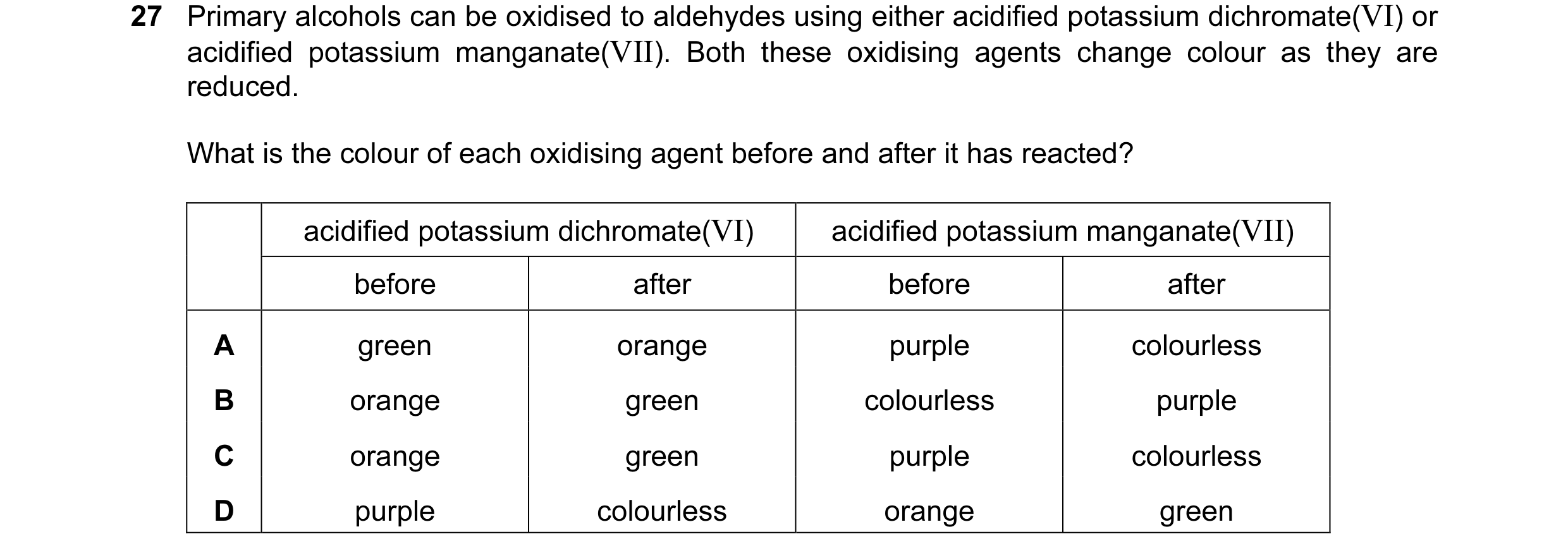 Question 115: Primary alcohols can be oxidised to aldehydes using either acidified potassium dichromate(VI) or acidified potassium manganate(VII). Both t…