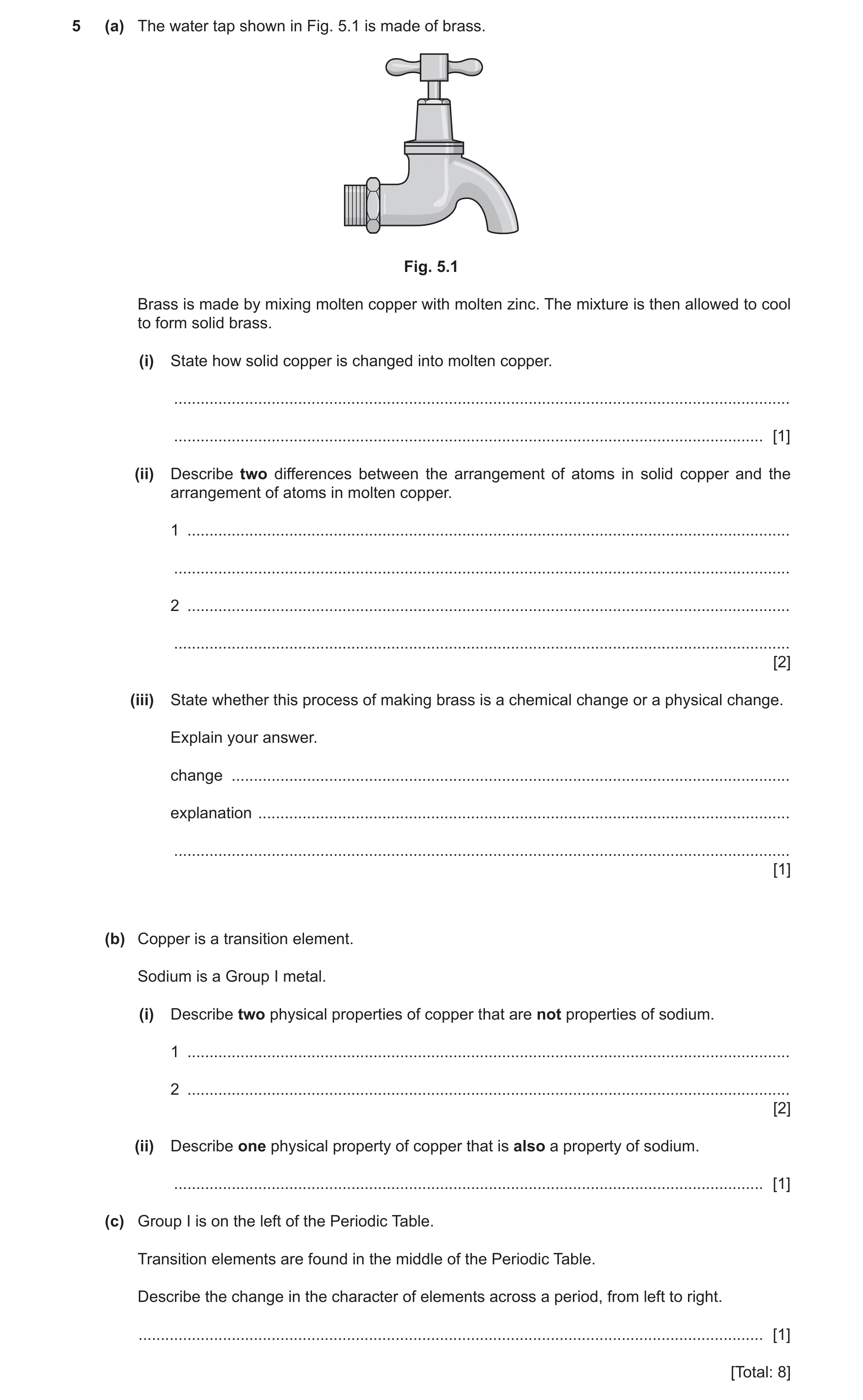 Question 15: (a) The water tap shown in Fig. 5.1 is made of brass. Fig. 5.1 Brass is made by mixing molten copper with molten zinc. The mixture is then …