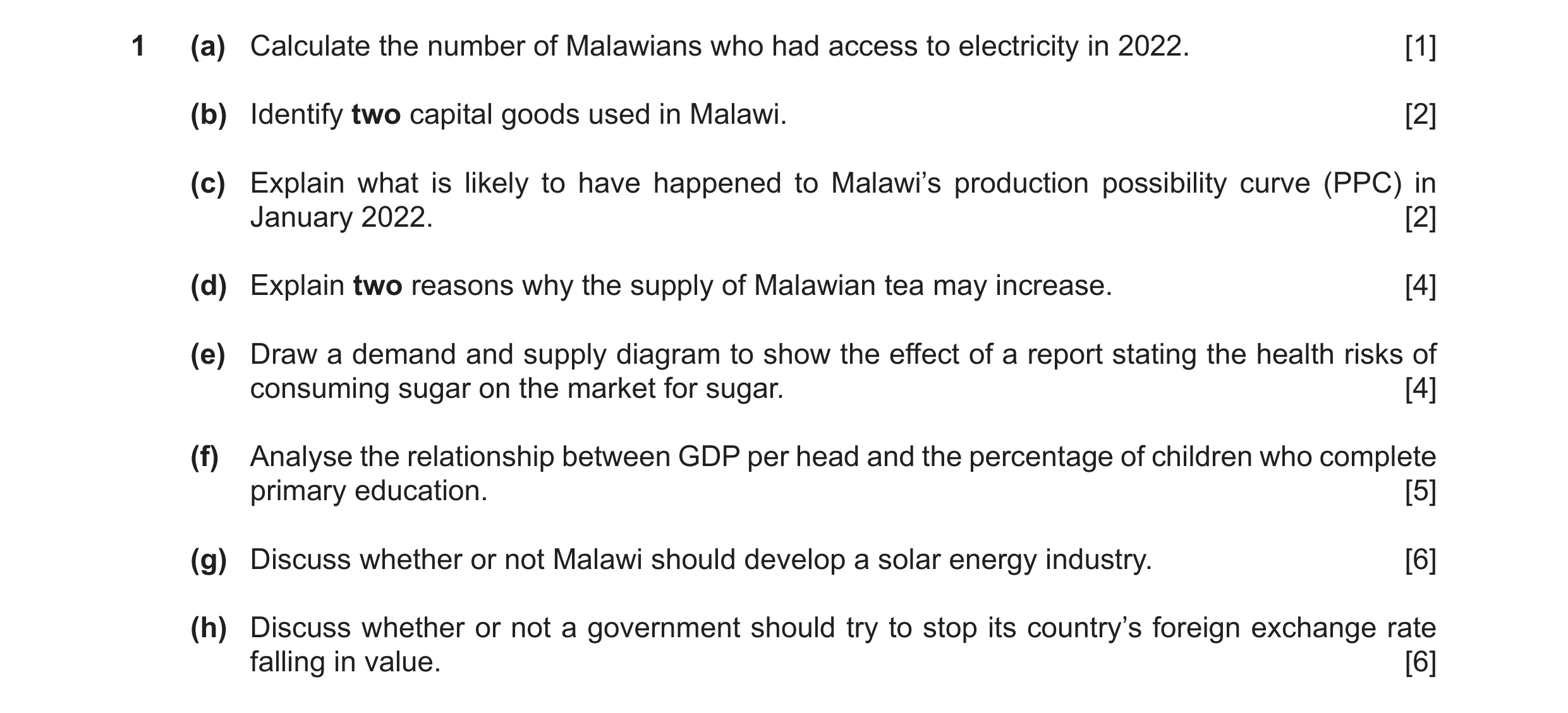 Question 34: (a) Calculate the number of Malawians who had access to electricity in 2022. [1] (b) Identify two capital goods used in Malawi. [2] (c) Exp…