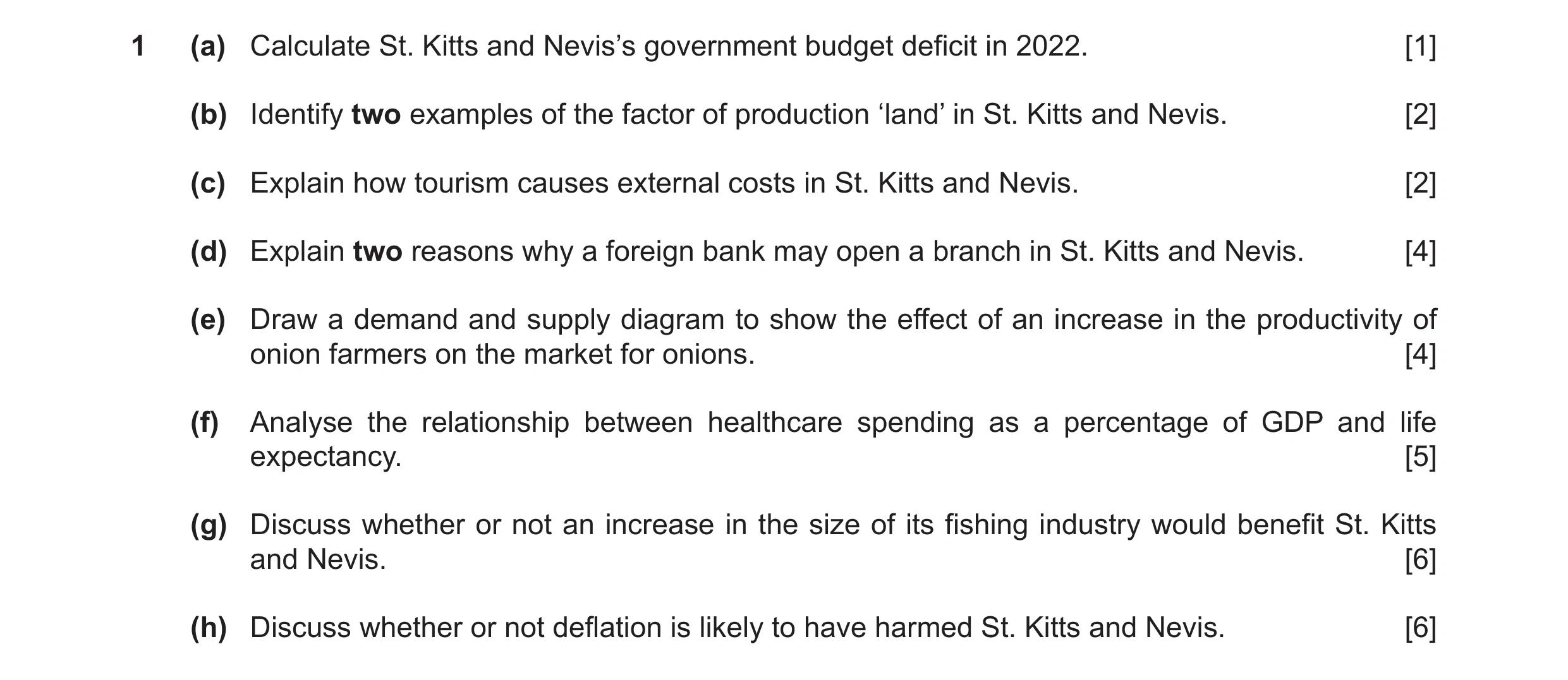 Question 45: (a) Calculate St. Kitts and Nevis’s government budget deficit in 2022. [1] (b) Identify two examples of the factor of production ‘land’ in …