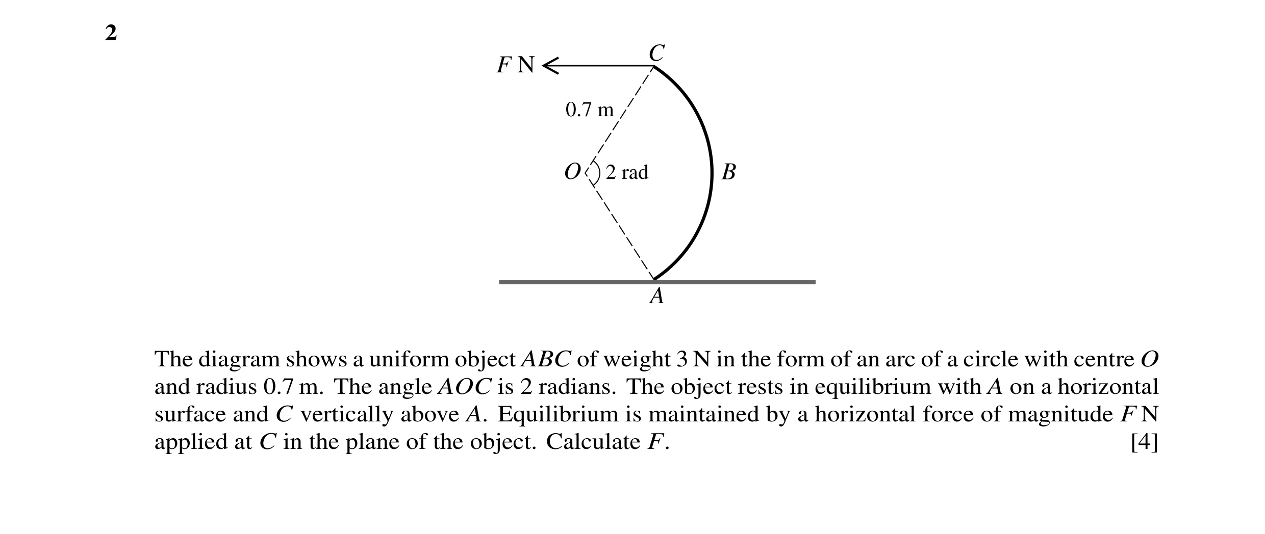 Question 74: C F N 0.7 m O 2 rad B A The diagram shows a uniform object ABC of weight 3 N in the form of an arc of a circle with centre O and radius 0.7…