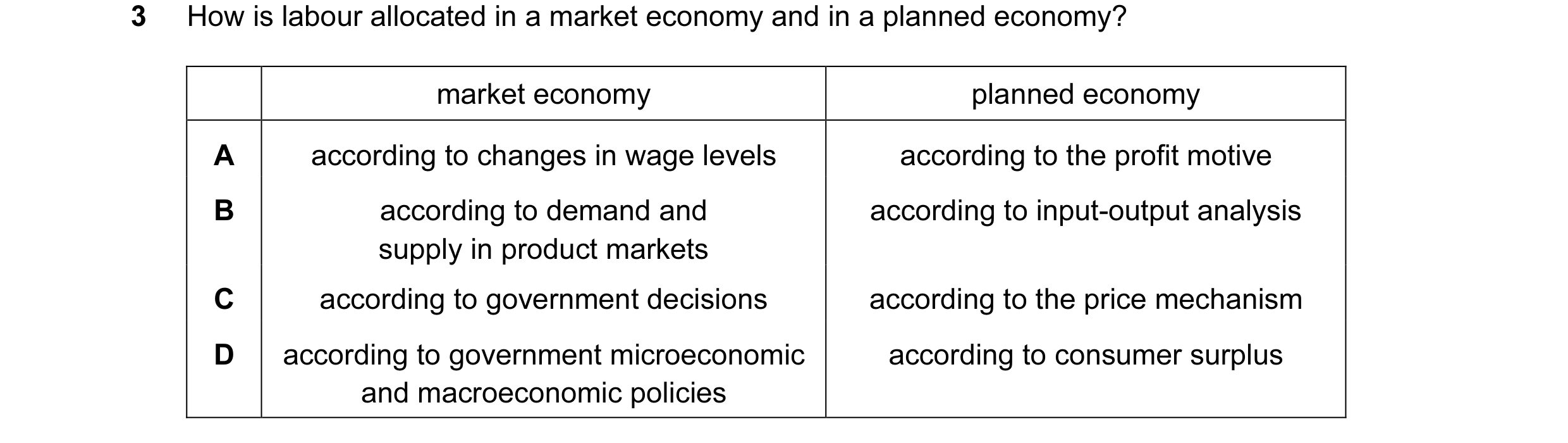 Question 31: How is labour allocated in a market economy and in a planned economy? market economy planned economy A according to changes in wage levels …
