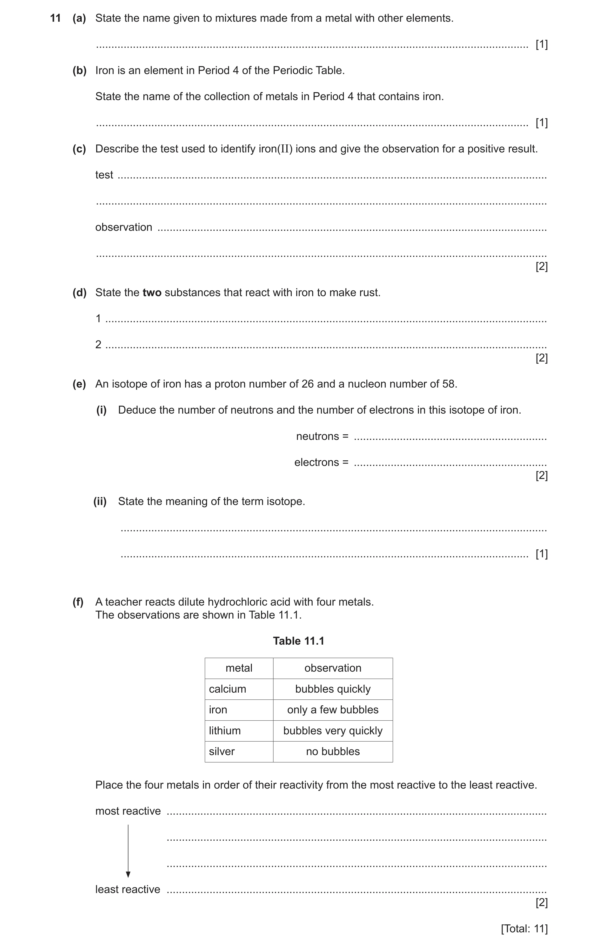 Question 12: (a) State the name given to mixtures made from a metal with other elements. ...............................................................…