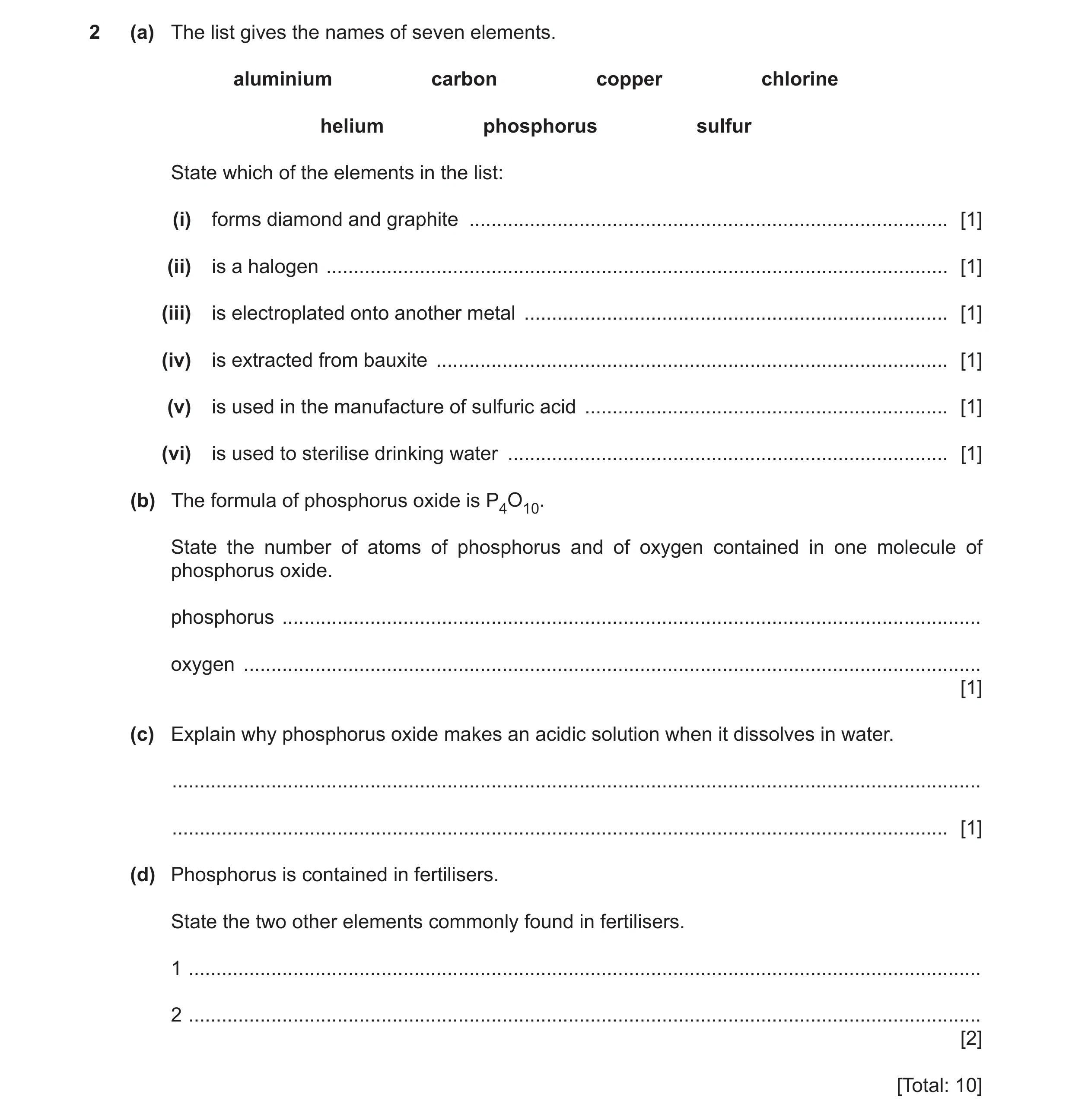 Question 22: (a) The list gives the names of seven elements. aluminium carbon copper chlorine helium phosphorus sulfur State which of the elements in th…