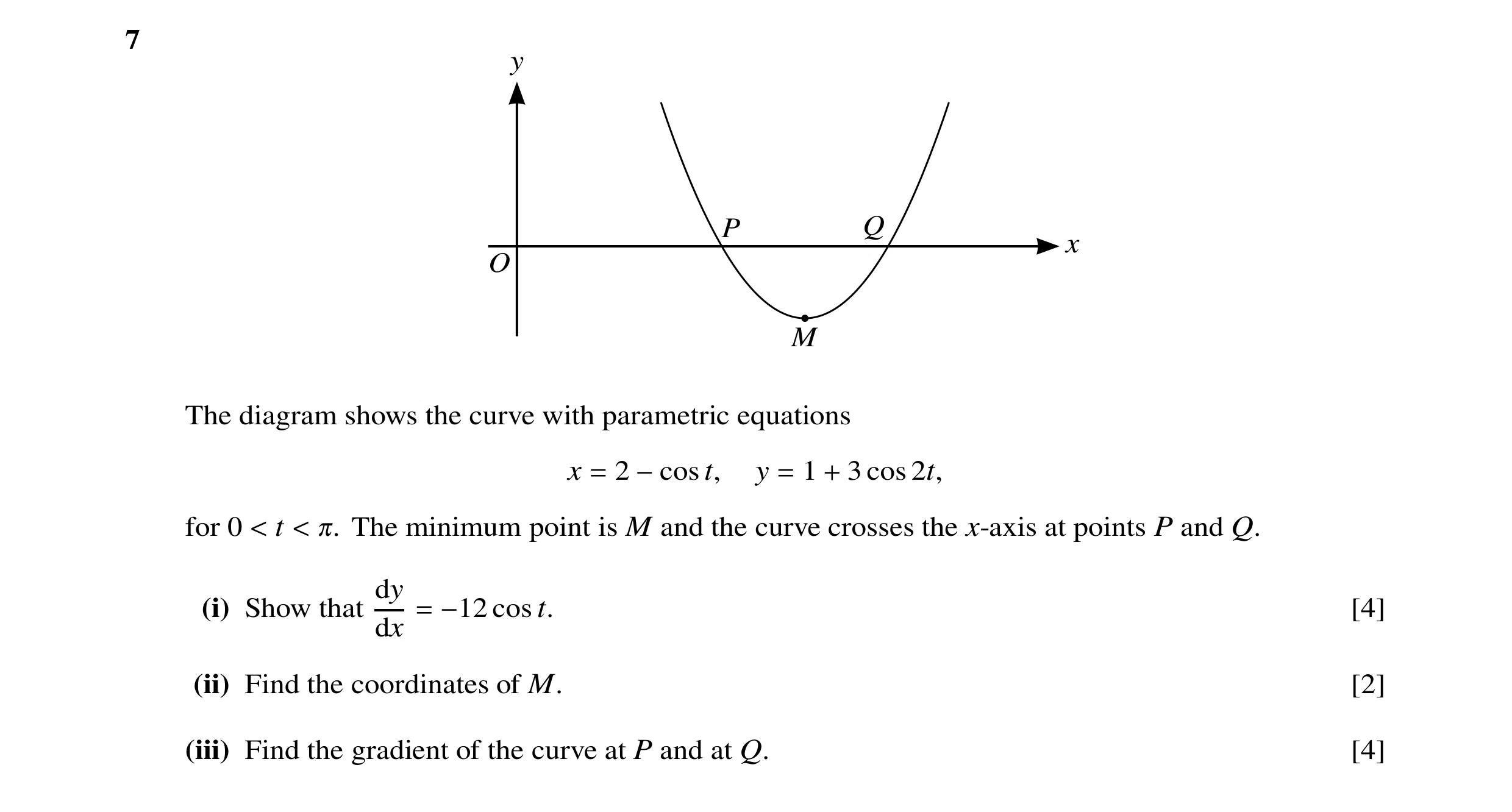 Question 28: y P Q x O M The diagram shows the curve with parametric equations x 2 y 1 3 cos 2t, = −cost, = + for 0 t The minimum point is M and the cur…