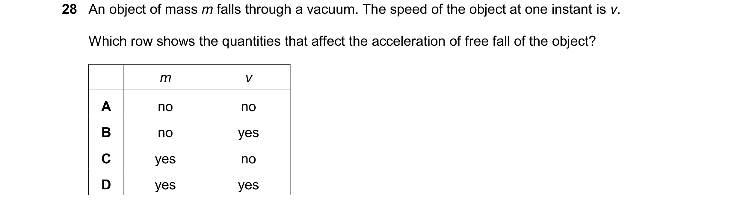 Question 10: An object of mass m falls through a vacuum. The speed of the object at one instant is v. Which row shows the quantities that affect the acc…