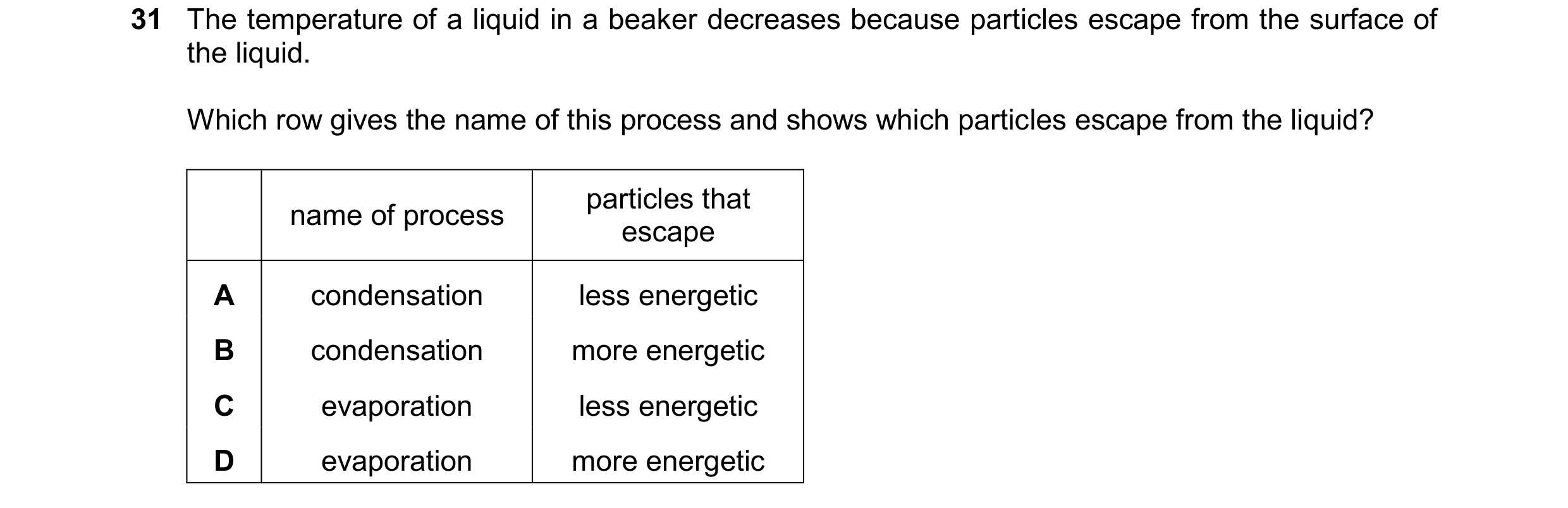 Question 33: The temperature of a liquid in a beaker decreases because particles escape from the surface of the liquid. Which row gives the name of this…