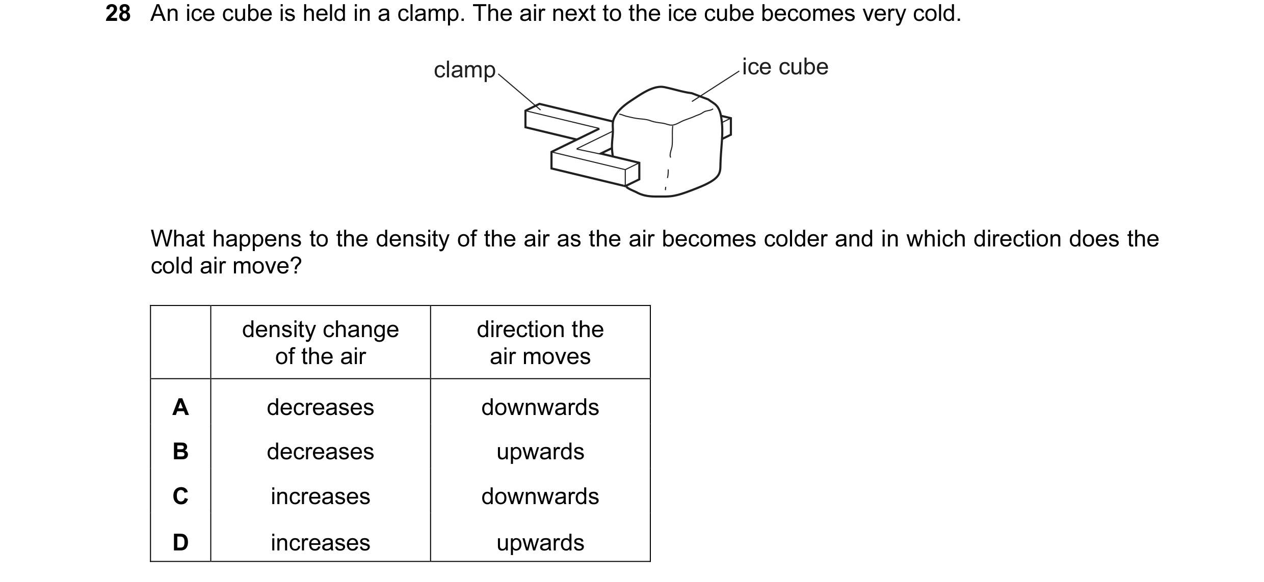 Question 12: An ice cube is held in a clamp. The air next to the ice cube becomes very cold. clamp ice cube What happens to the density of the air as th…
