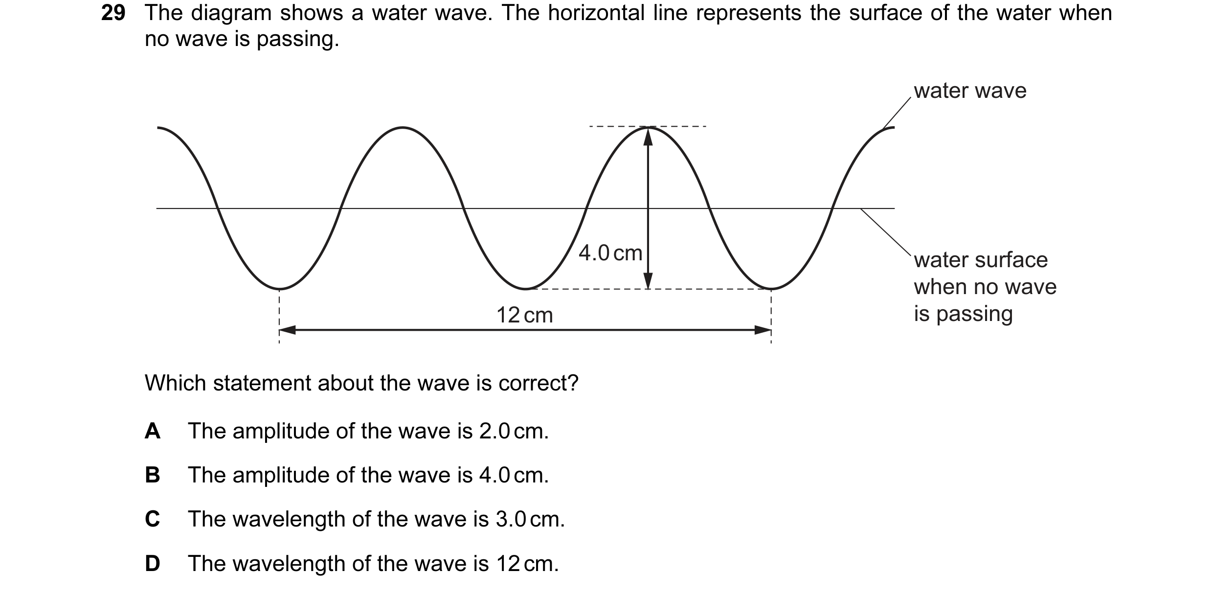 Question 13: The diagram shows a water wave. The horizontal line represents the surface of the water when no wave is passing. water wave 4.0 cm water su…