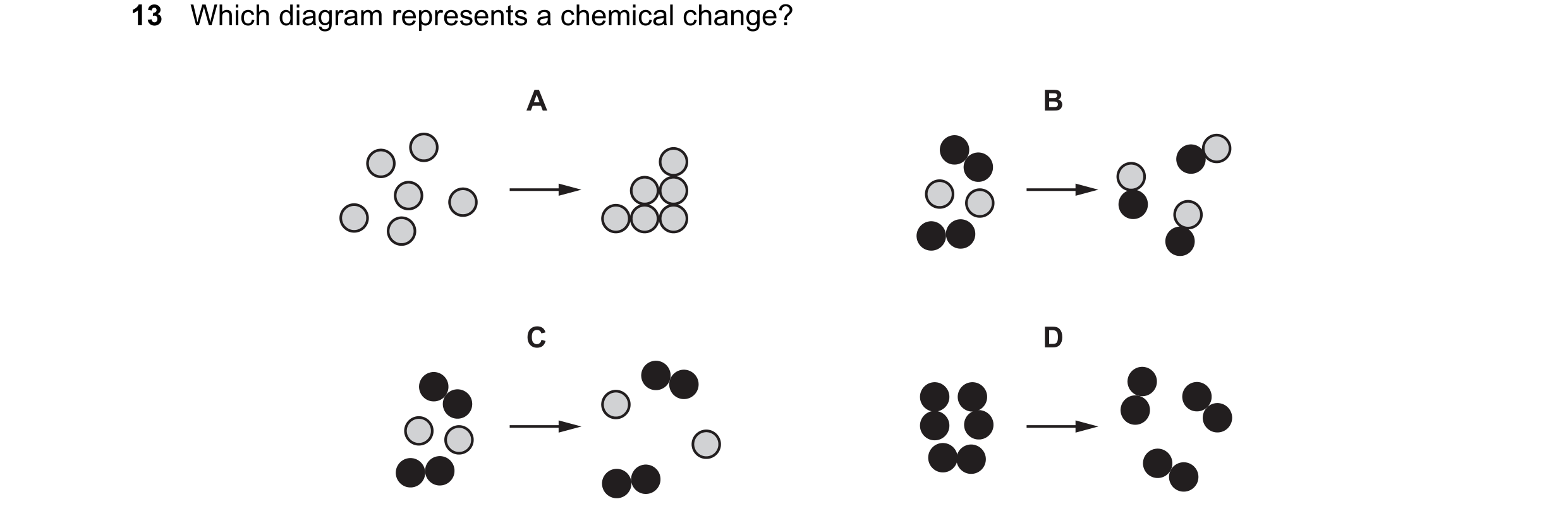 Question 12: Which diagram represents a chemical change? A B C D