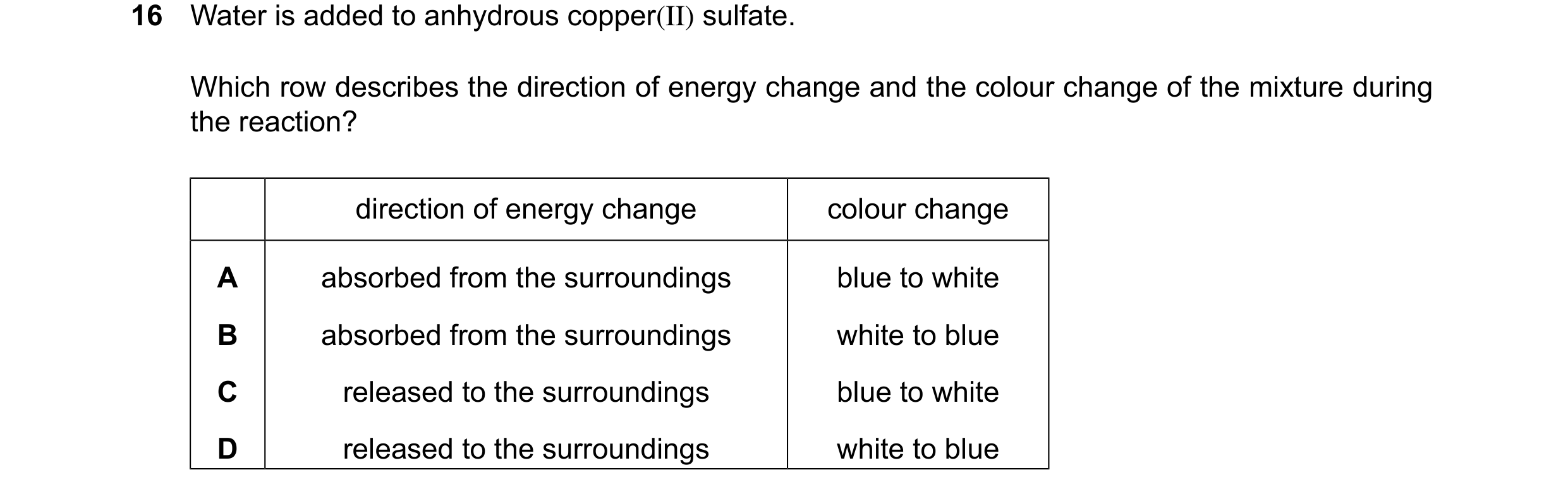 Question 24: Water is added to anhydrous copper(II) sulfate. Which row describes the direction of energy change and the colour change of the mixture dur…