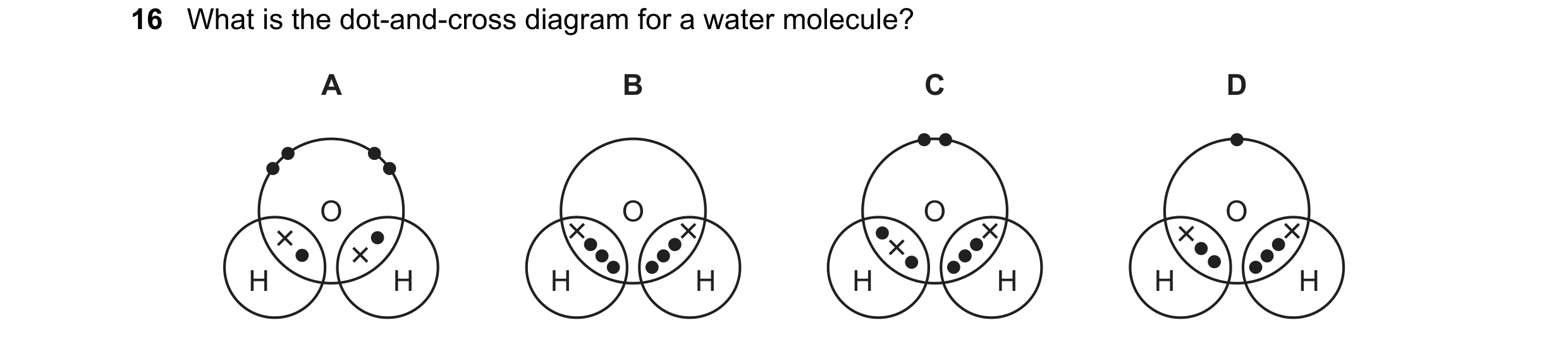 Question 12: What is the dot-and-cross diagram for a water molecule? A B C D O O O O H H H H H H H H