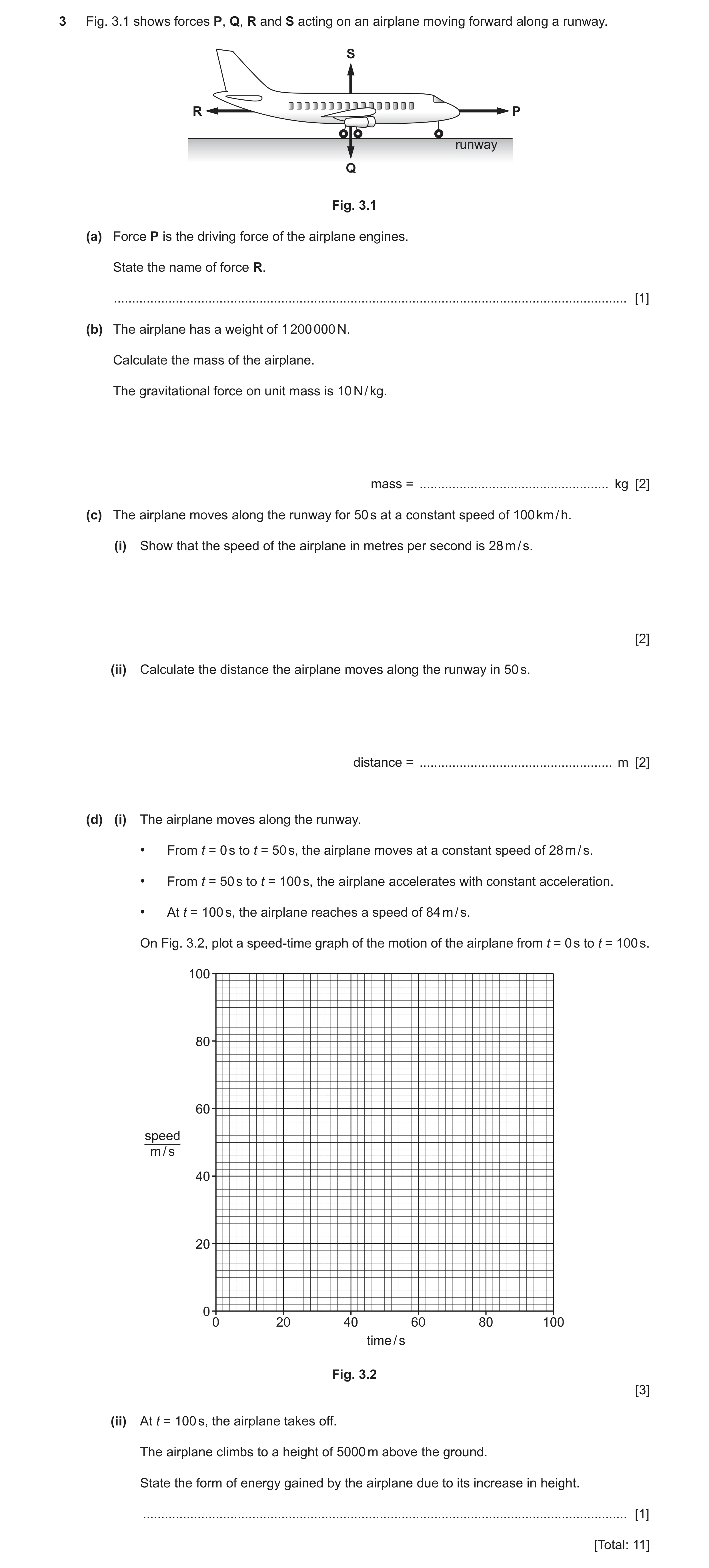 Question 9: Fig. 3.1 shows forces P, Q, R and S acting on an airplane moving forward along a runway. S R P runway Q Fig. 3.1 (a) Force P is the driving…