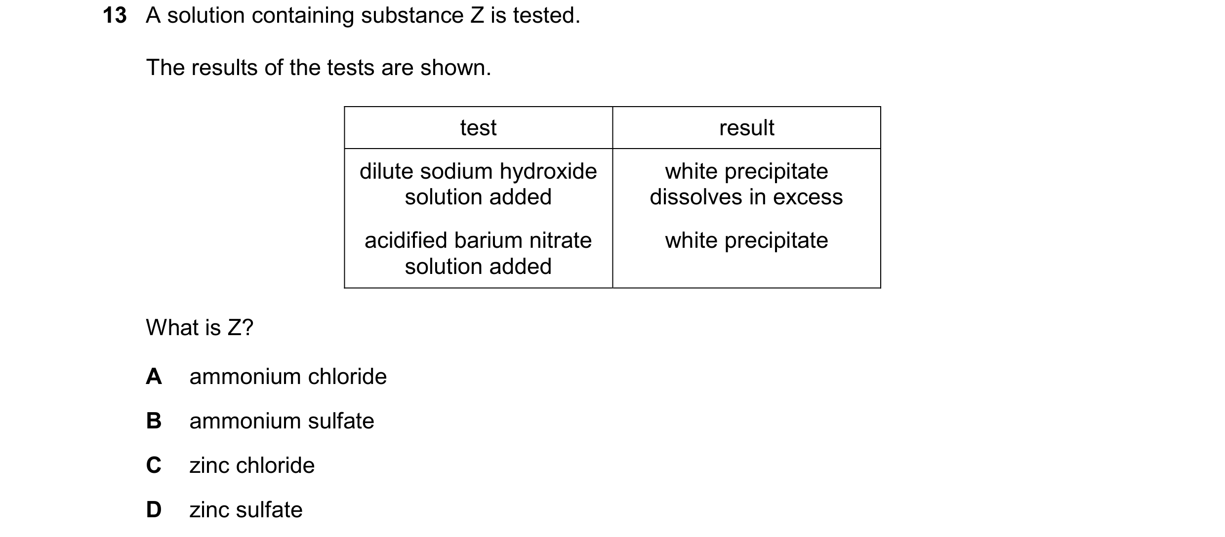 Question 35: A solution containing substance Z is tested. The results of the tests are shown. test result dilute sodium hydroxide white precipitate solu…