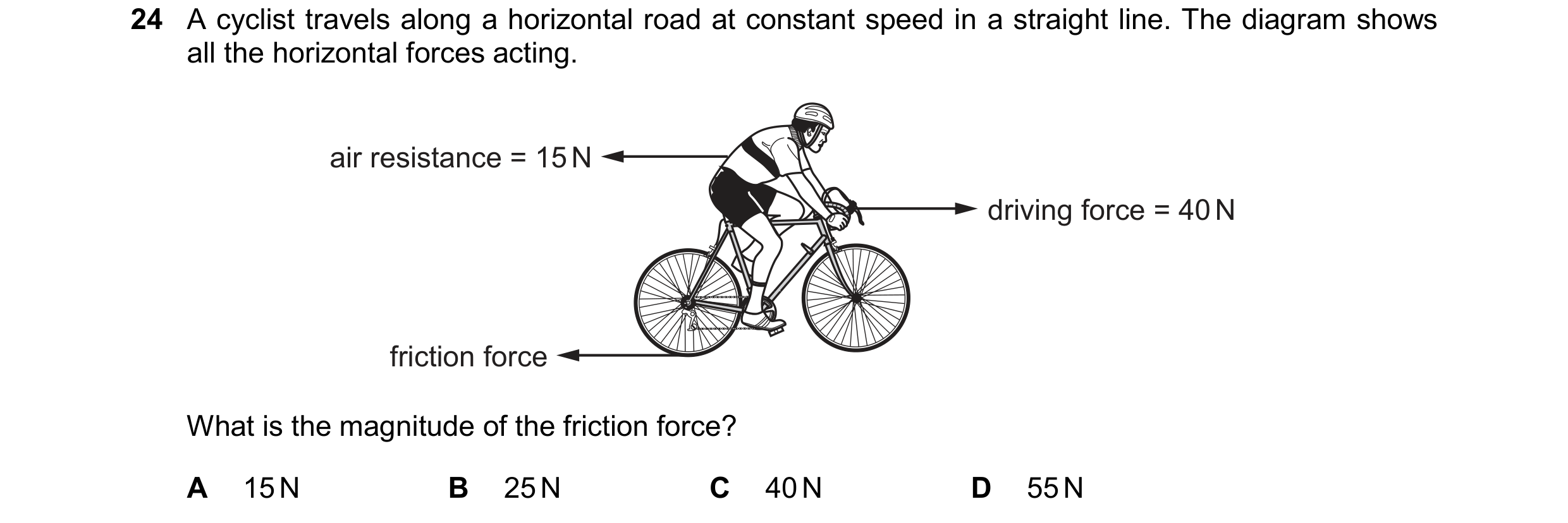 Question 37: A cyclist travels along a horizontal road at constant speed in a straight line. The diagram shows all the horizontal forces acting. air res…