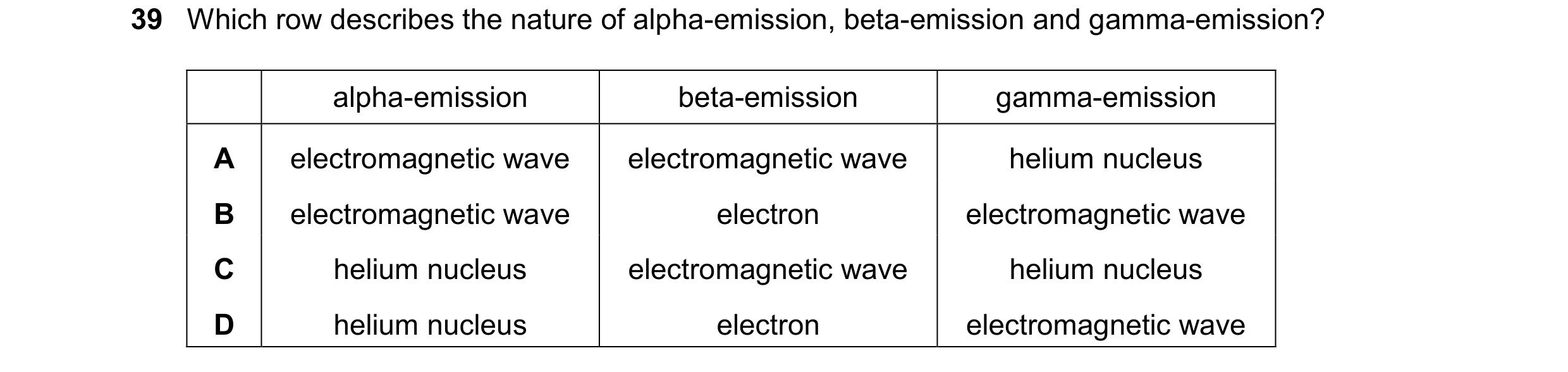 Question 43: Which row describes the nature of alpha-emission, beta-emission and gamma-emission? alpha-emission beta-emission gamma-emission A electroma…