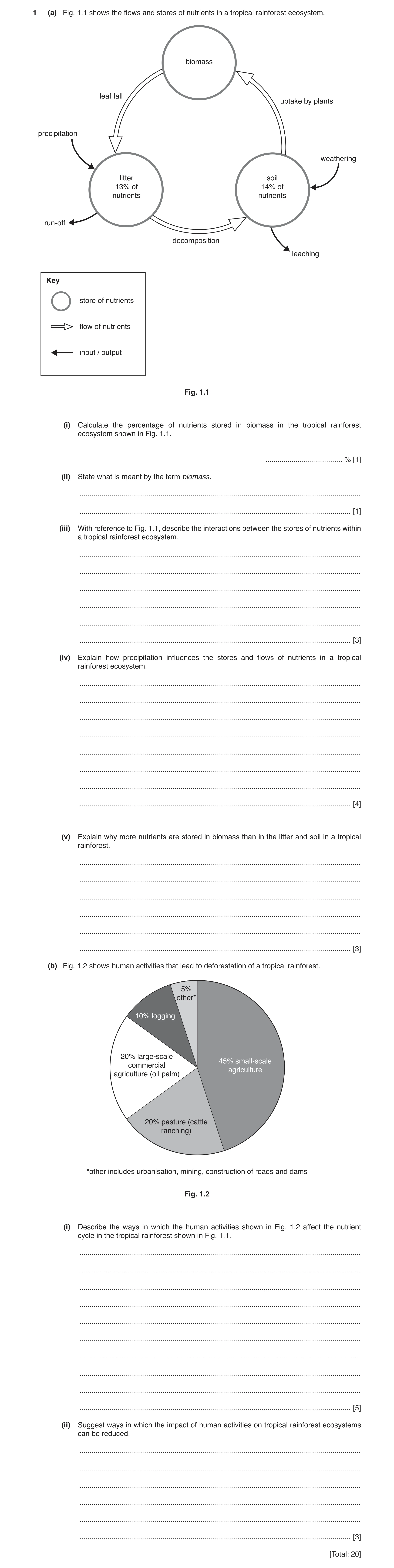 Question 9: (a) Fig. 1.1 shows the flows and stores of nutrients in a tropical rainforest ecosystem. biomass leaf fall uptake by plants precipitation w…