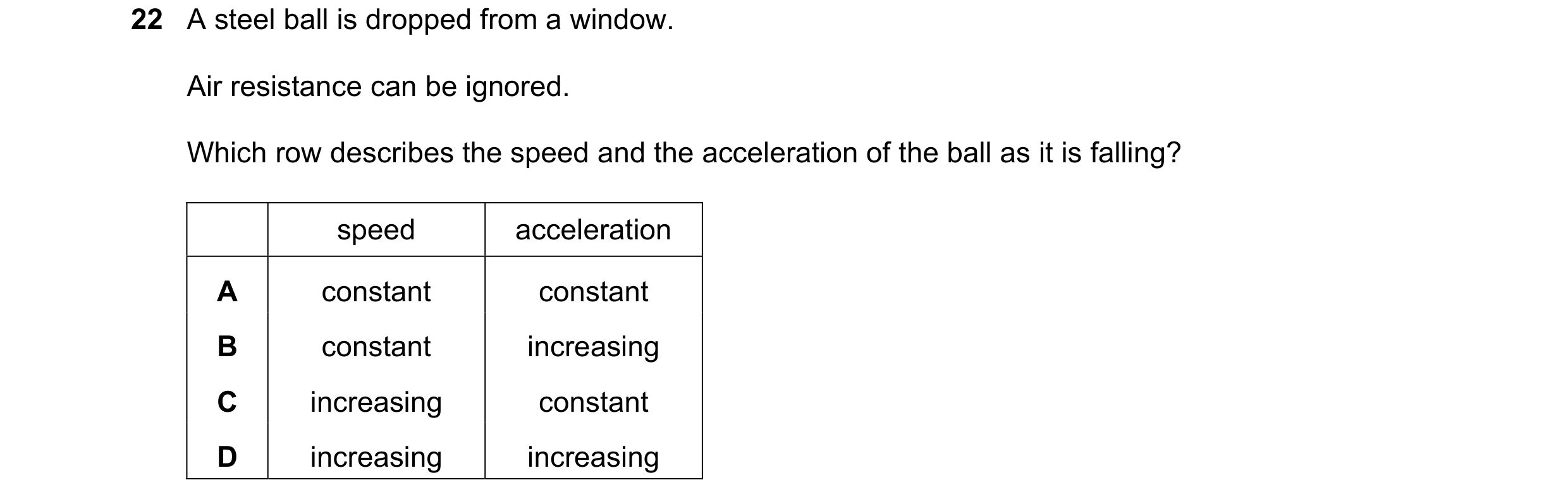 Question 5: A steel ball is dropped from a window. Air resistance can be ignored. Which row describes the speed and the acceleration of the ball as it …