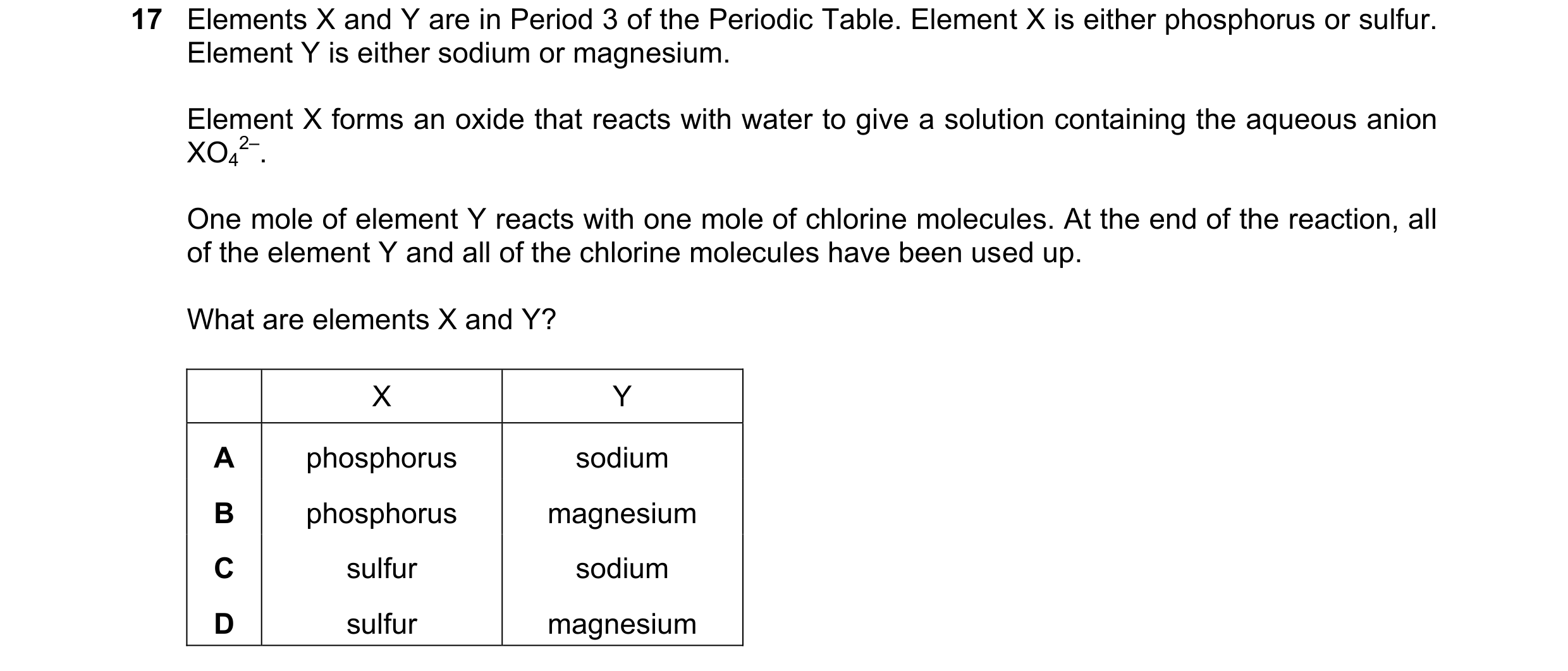 Question 160: Elements X and Y are in Period 3 of the Periodic Table. Element X is either phosphorus or sulfur. Element Y is either sodium or magnesium. …