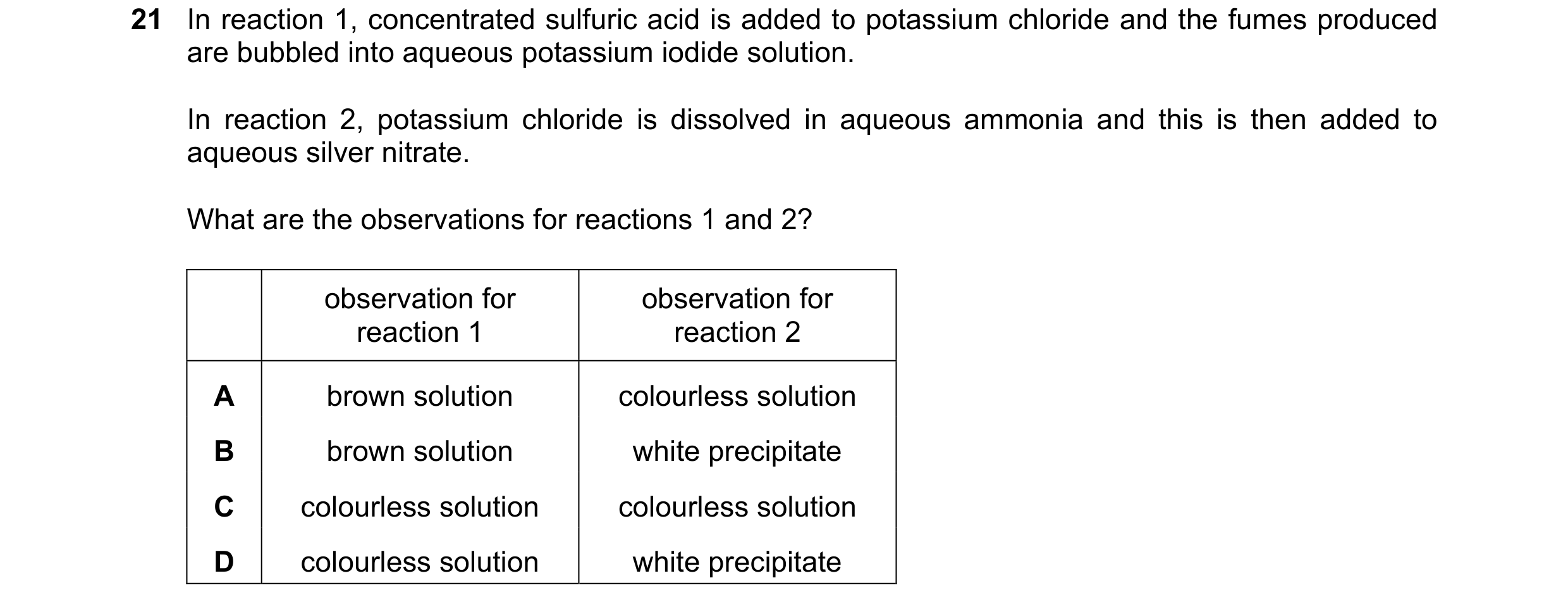 Question 91: In reaction 1, concentrated sulfuric acid is added to potassium chloride and the fumes produced are bubbled into aqueous potassium iodide s…