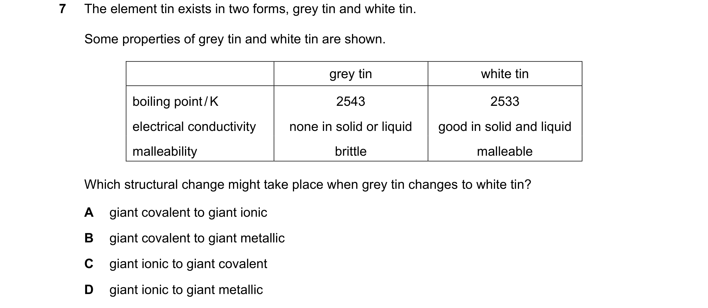Question 88: The element tin exists in two forms, grey tin and white tin. Some properties of grey tin and white tin are shown. grey tin white tin boilin…