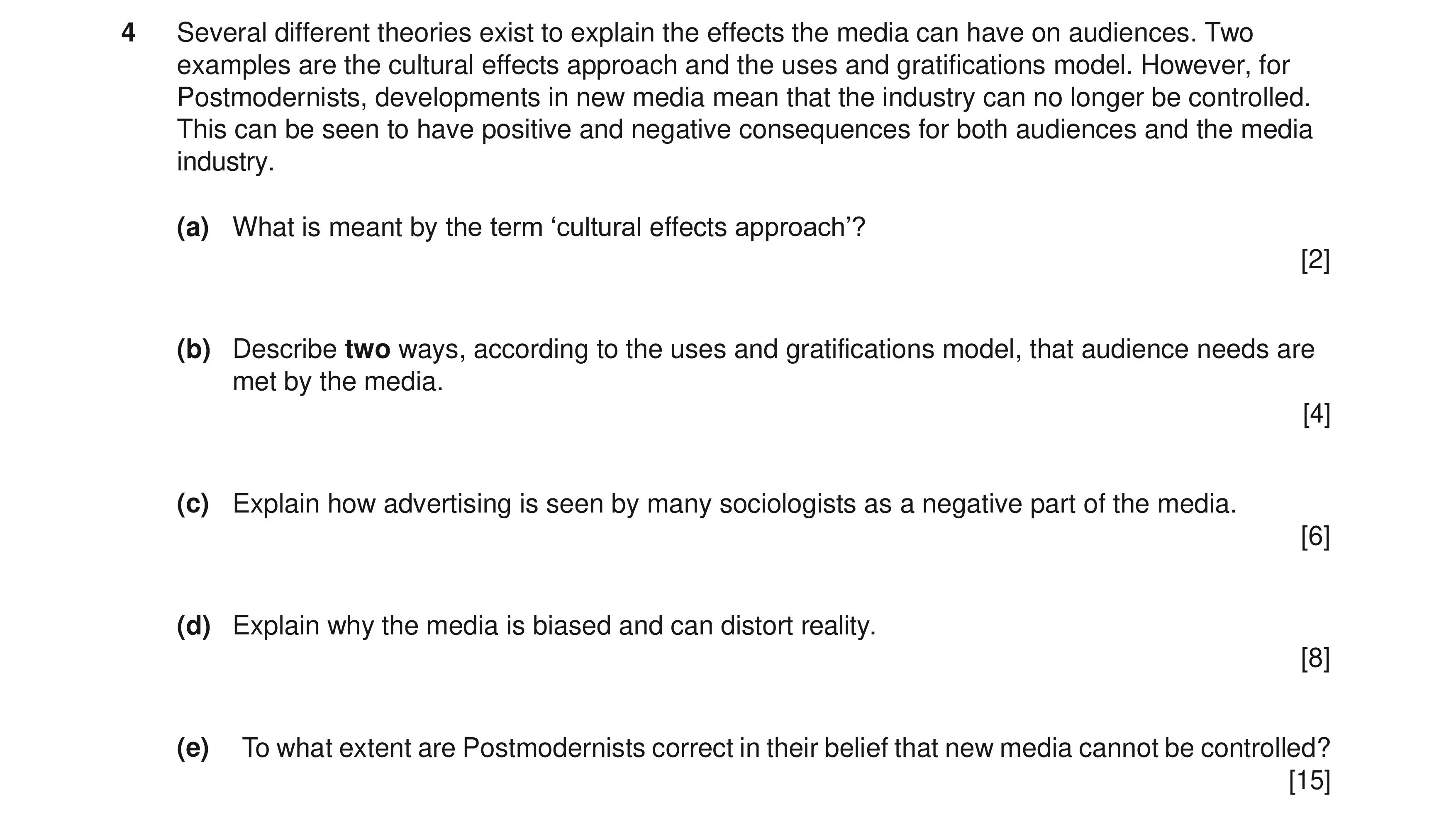 Question 4: Several different theories exist to explain the effects the media can have on audiences. Two examples are the cultural effects approach and…