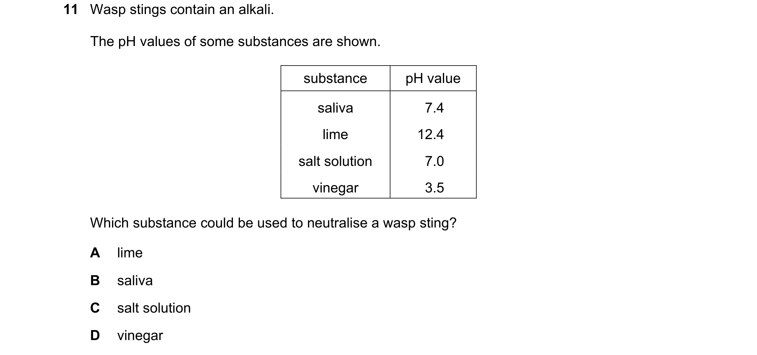 Question 19: Wasp stings contain an alkali. The pH values of some substances are shown. substance pH value saliva 7.4 lime 12.4 salt solution 7.0 vinega…