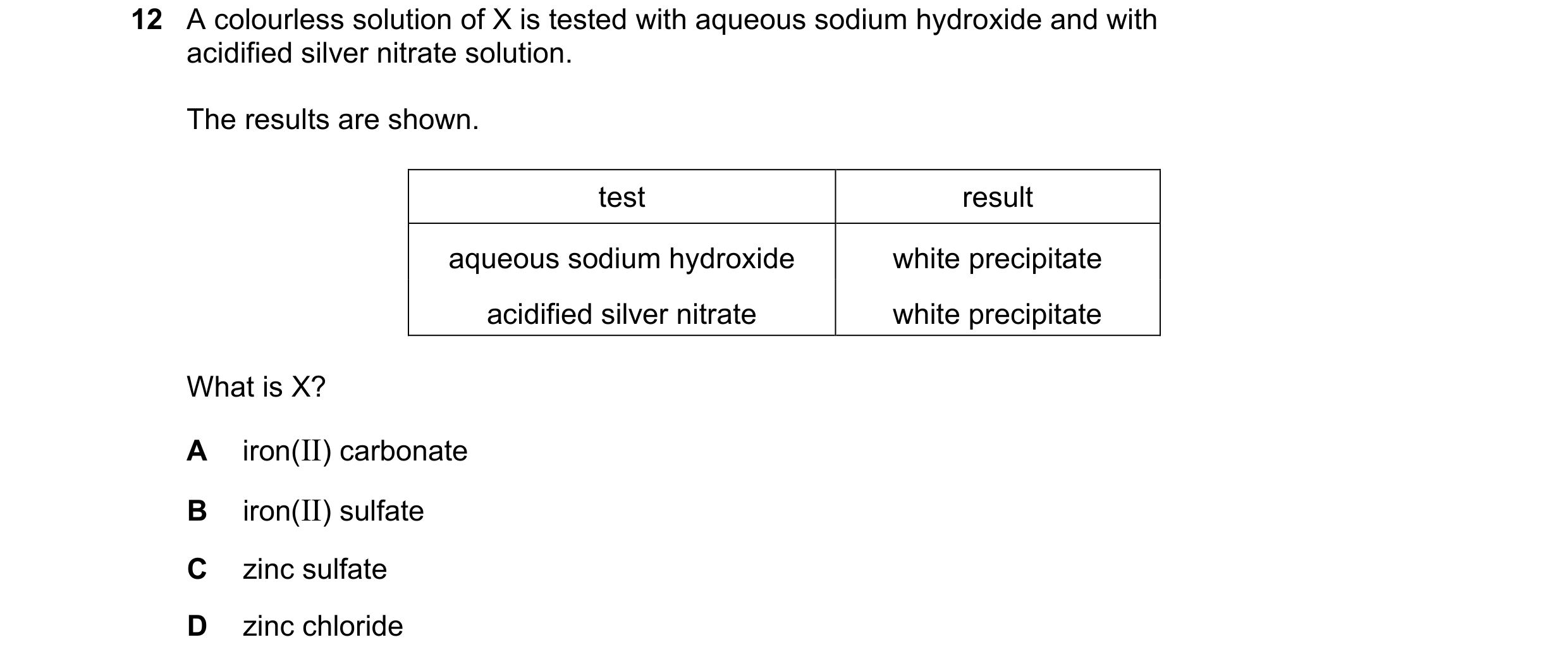 Question 29: A colourless solution of X is tested with aqueous sodium hydroxide and with acidified silver nitrate solution. The results are shown. test …