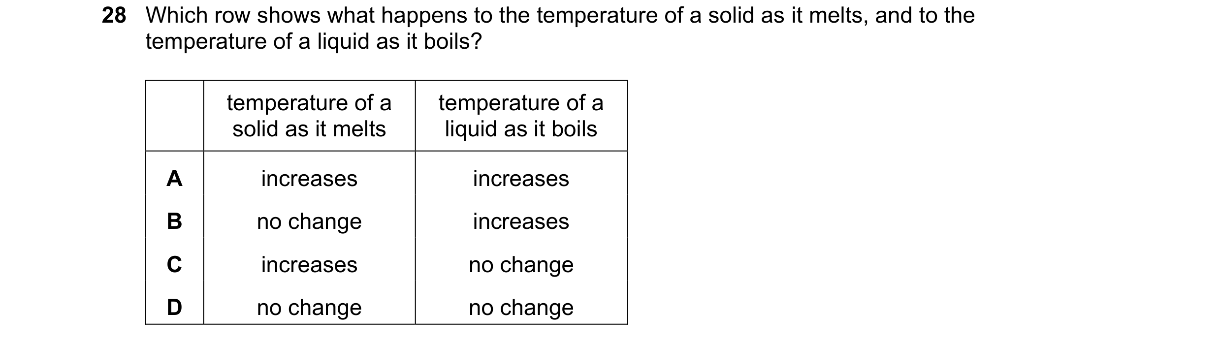 Question 22: Which row shows what happens to the temperature of a solid as it melts, and to the temperature of a liquid as it boils? temperature of a te…