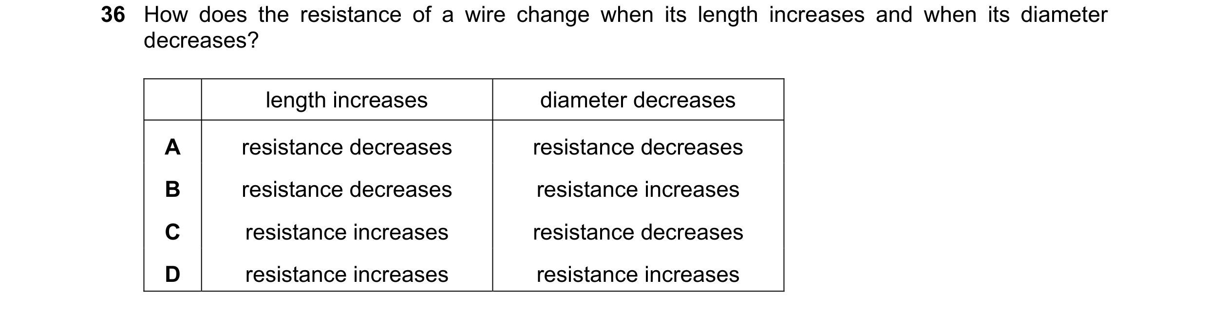 Question 38: How does the resistance of a wire change when its length increases and when its diameter decreases? length increases diameter decreases A r…