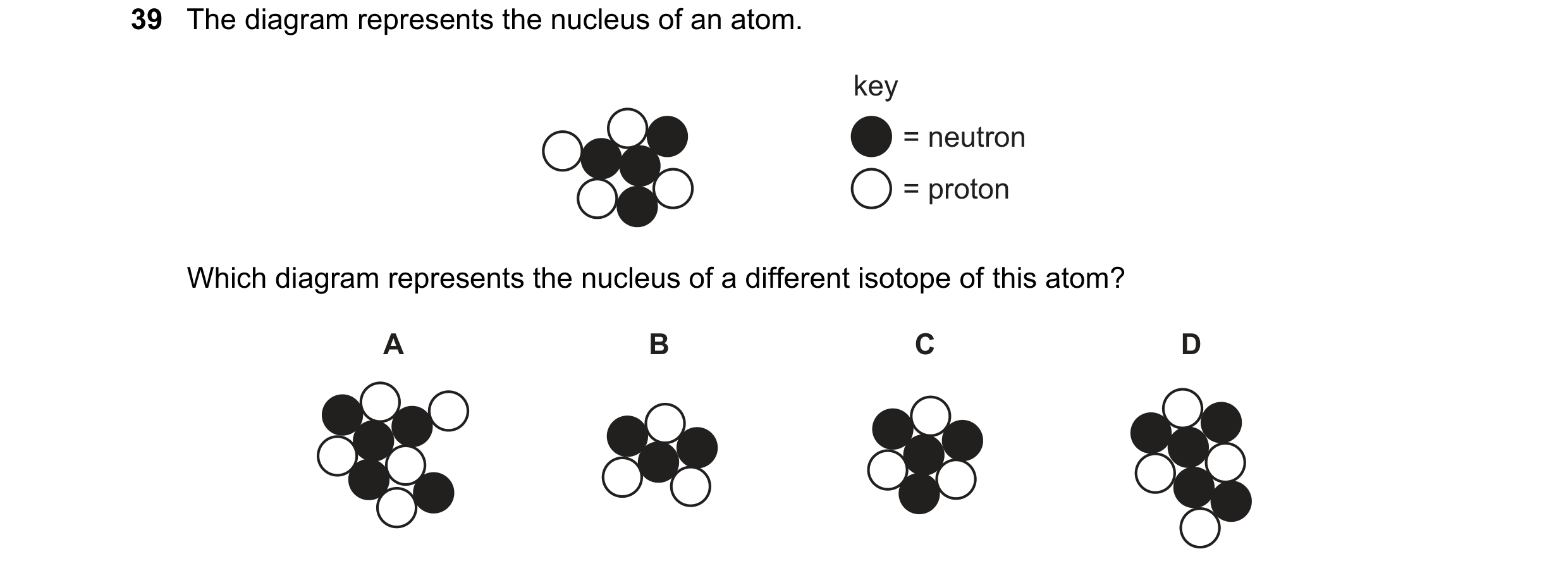 Question 29: The diagram represents the nucleus of an atom. key = neutron = proton Which diagram represents the nucleus of a different isotope of this a…