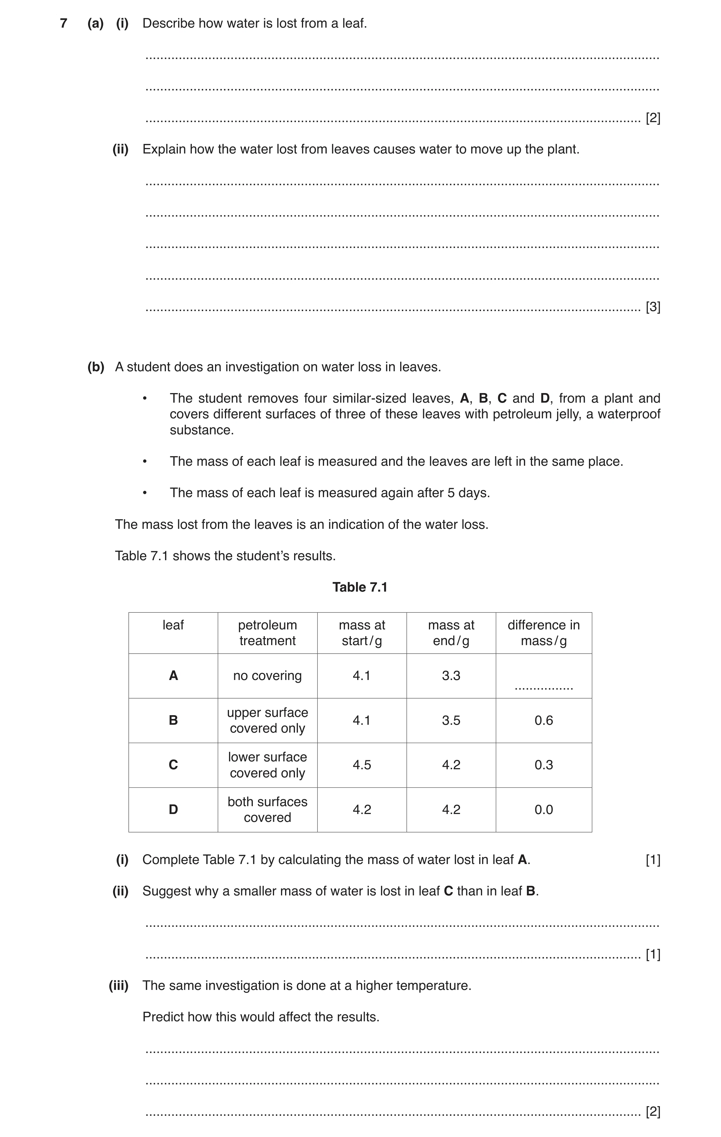 Question 2: (a) (i) Describe how water is lost from a leaf. ...........................................................................................…