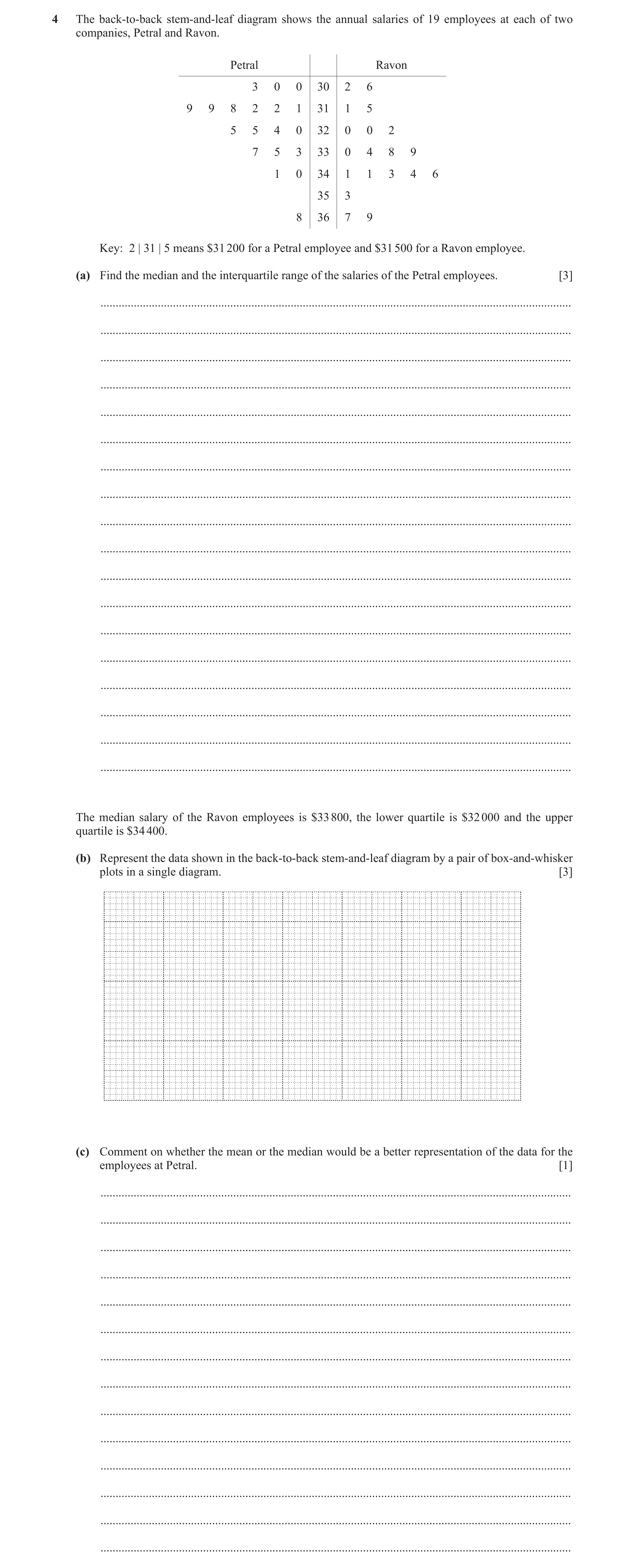 Question 38: The back-to-back stem-and-leaf diagram shows the annual salaries of 19 employees at each of two companies, Petral and Ravon. Petral Ravon 3…