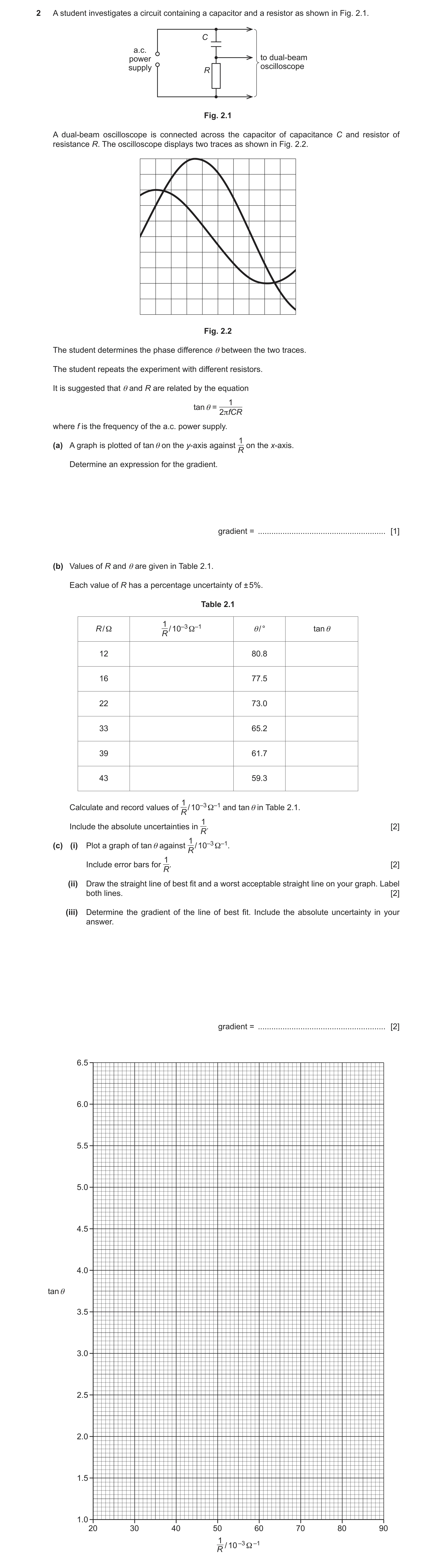 Question 58: A student investigates a circuit containing a capacitor and a resistor as shown in Fig. 2.1. C a.c. power to dual-beam supply oscilloscope …
