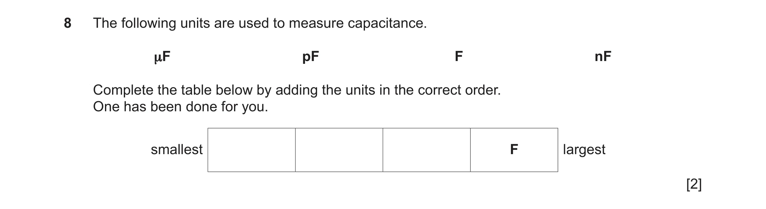 Question 93: The following units are used to measure capacitance. μF pF F nF Complete the table below by adding the units in the correct order. One has …