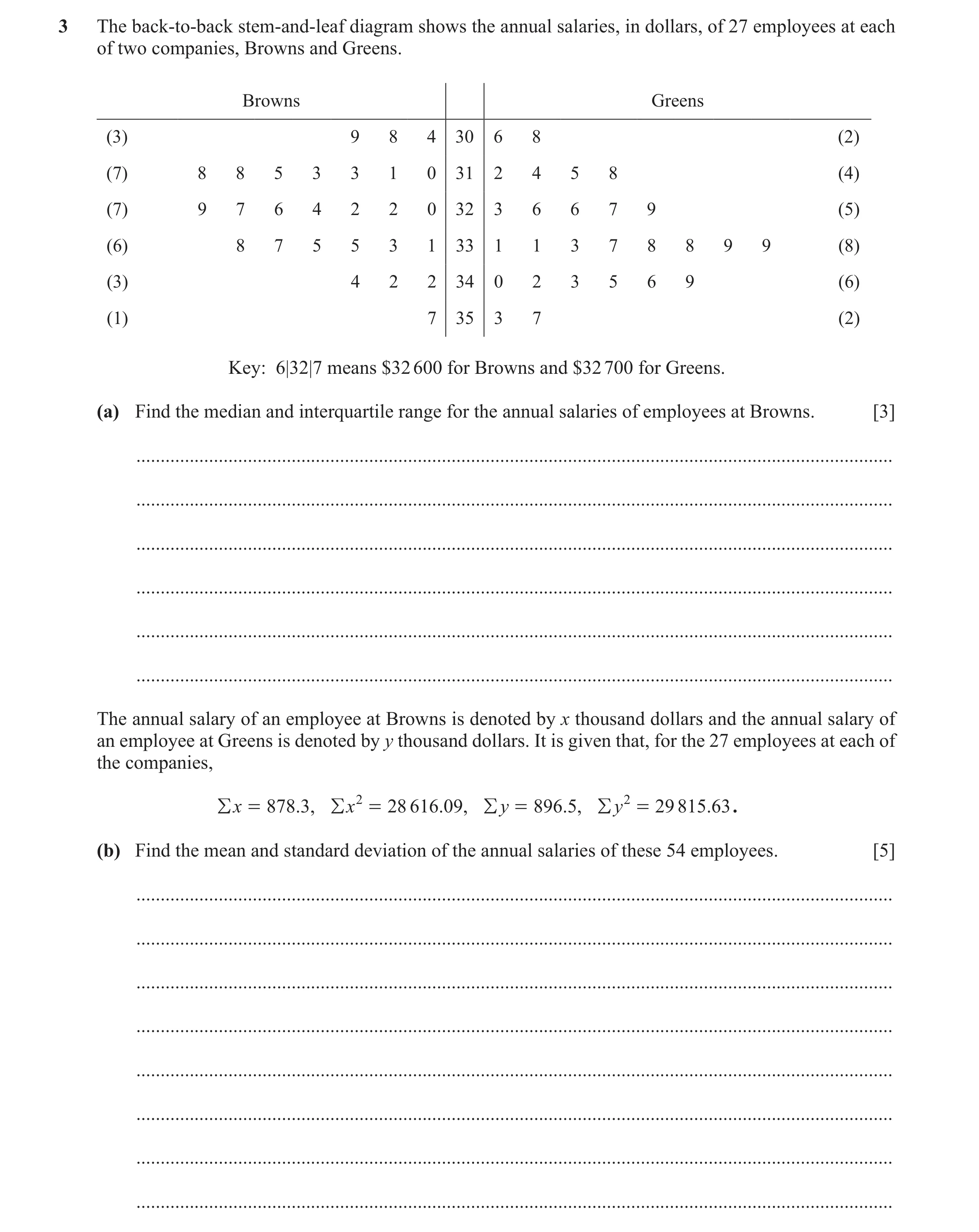 Question 48: The back-to-back stem-and-leaf diagram shows the annual salaries, in dollars, of 27 employees at each of two companies, Browns and Greens. …