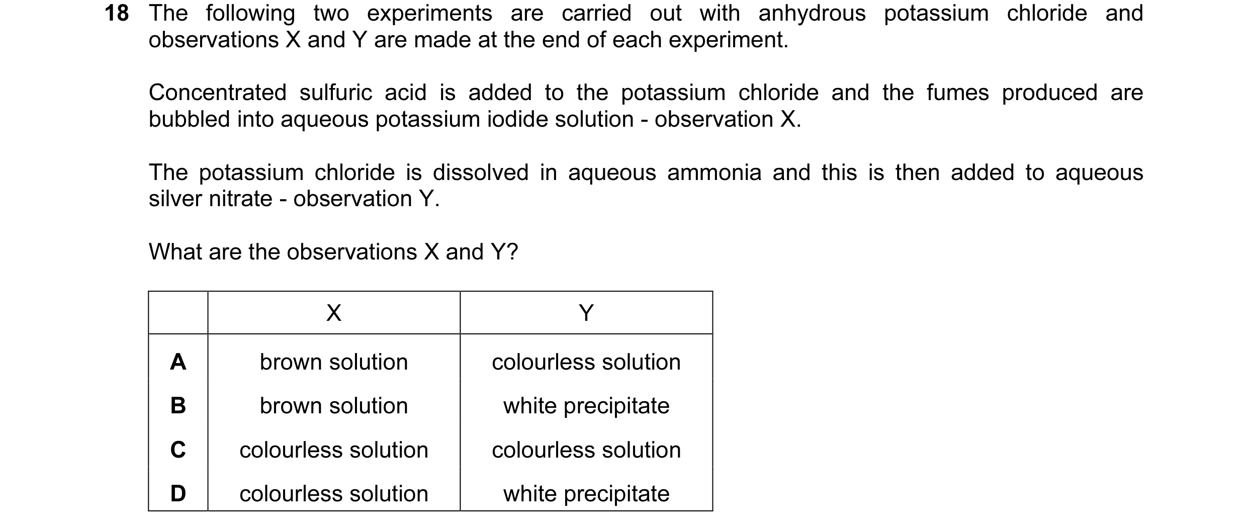 Question 21: The following two experiments are carried out with anhydrous potassium chloride and observations X and Y are made at the end of each experi…