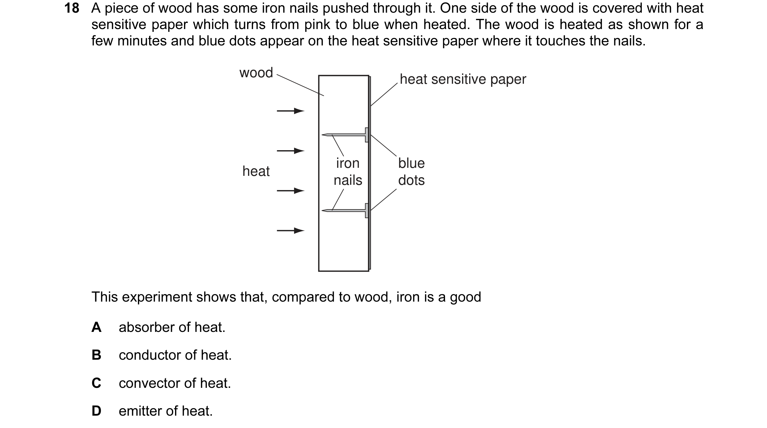 Question 28: A piece of wood has some iron nails pushed through it. One side of the wood is covered with heat sensitive paper which turns from pink to b…