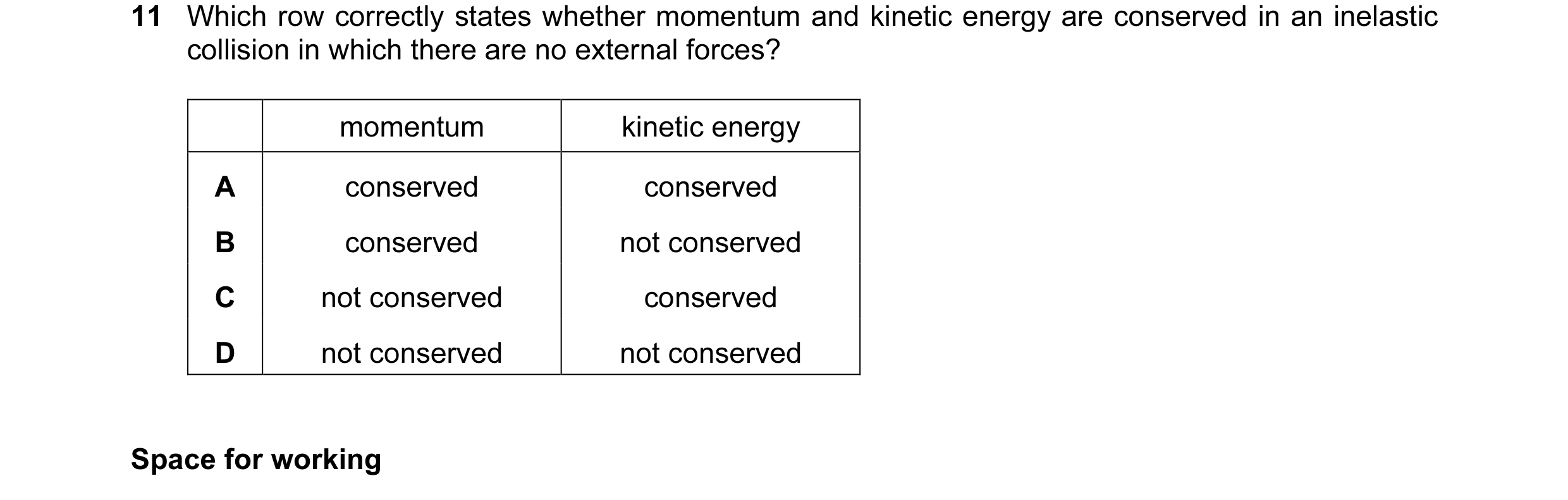 Question 45: Which row correctly states whether momentum and kinetic energy are conserved in an inelastic collision in which there are no external force…