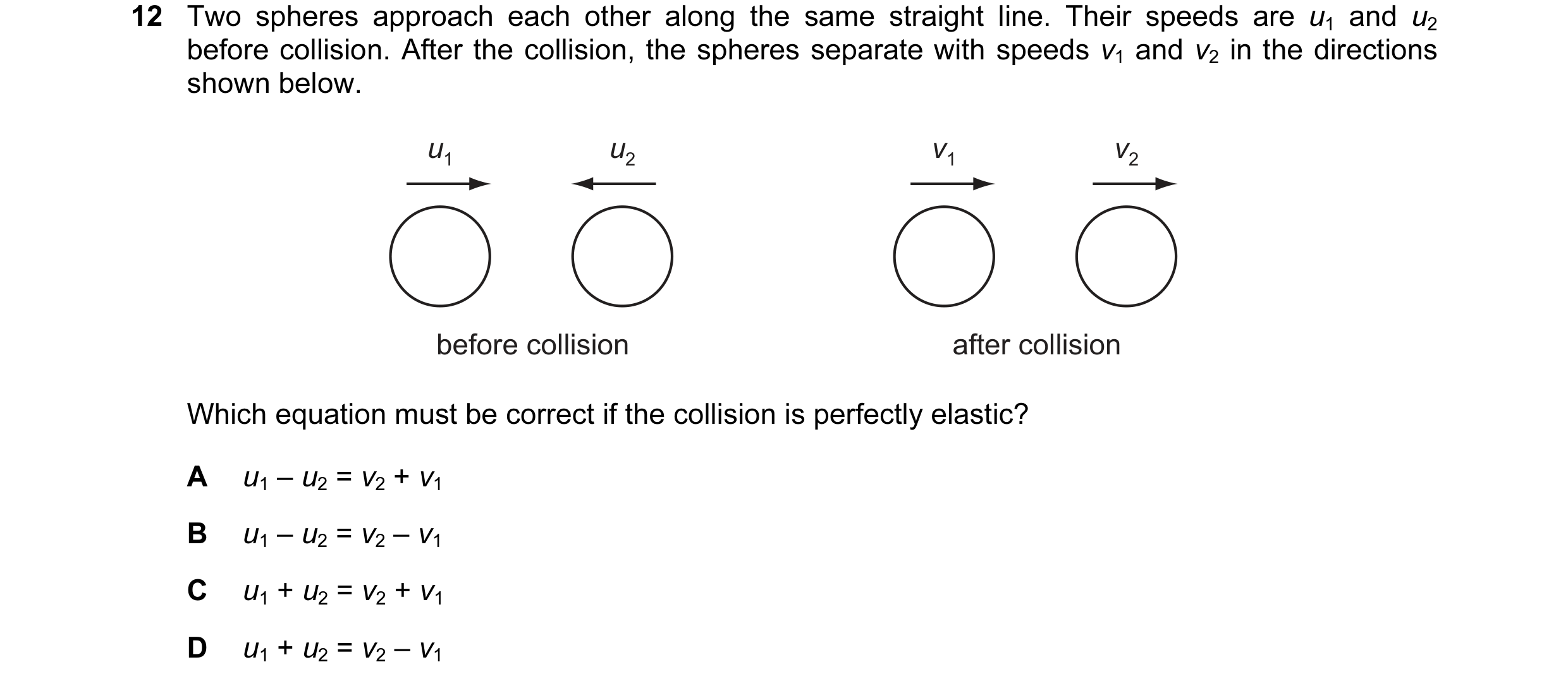 Question 46: Two spheres approach each other along the same straight line. Their speeds are u1 and u2 before collision. After the collision, the spheres…