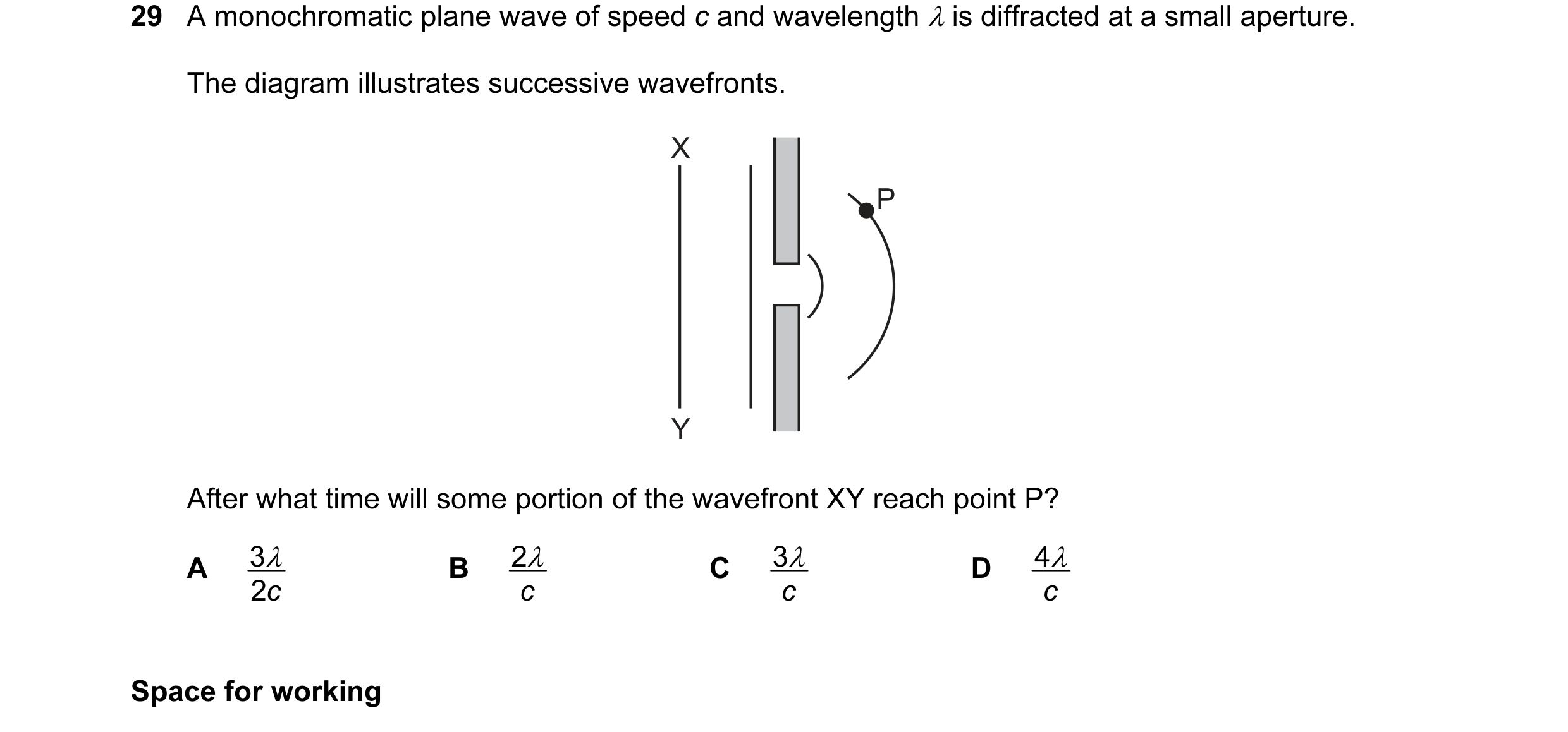 Question 10: A monochromatic plane wave of speed c and wavelength λ is diffracted at a small aperture. The diagram illustrates successive wavefronts. X …