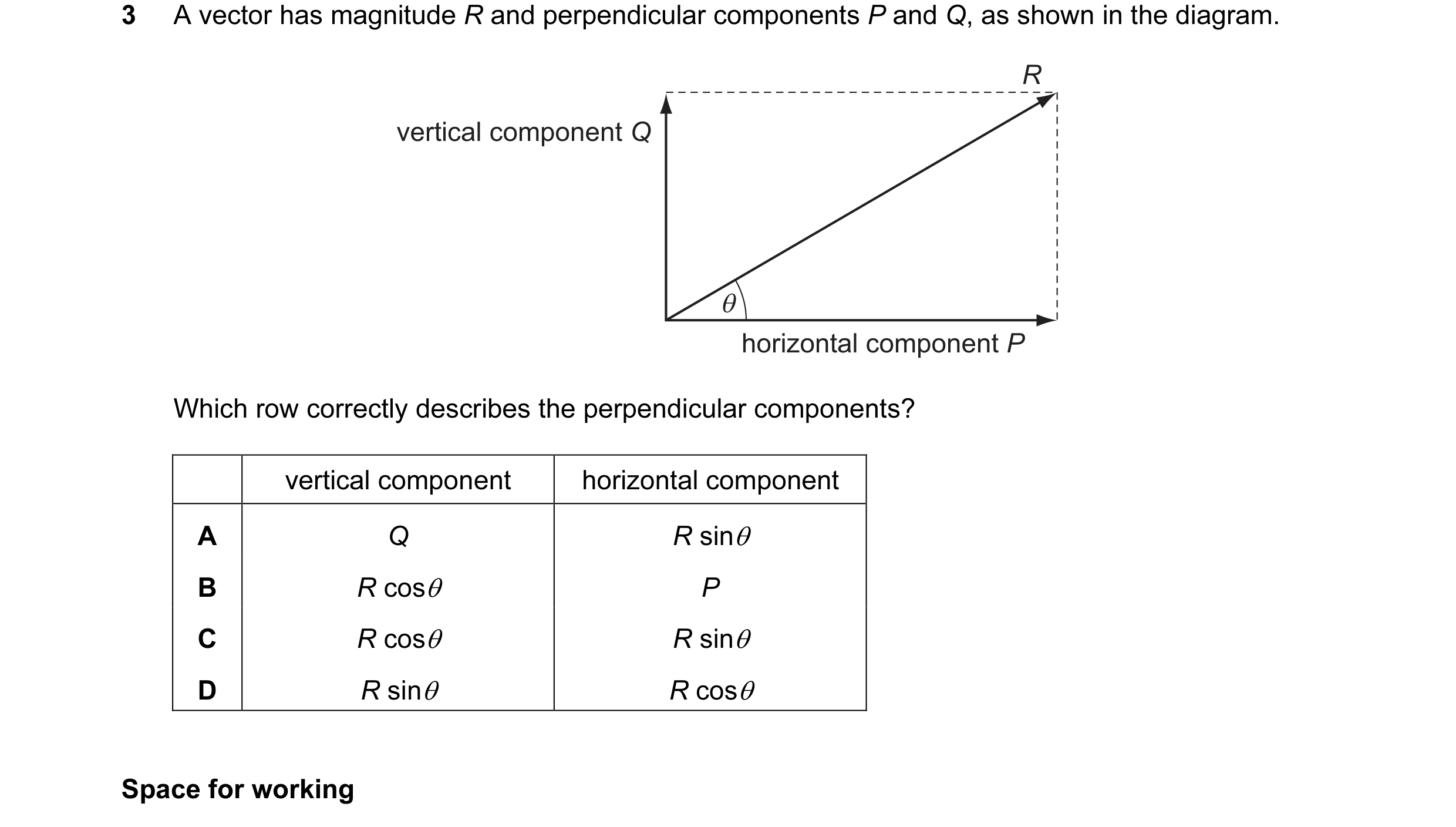 Question 21: A vector has magnitude R and perpendicular components P and Q, as shown in the diagram. R vertical component Q θ horizontal component P Whi…