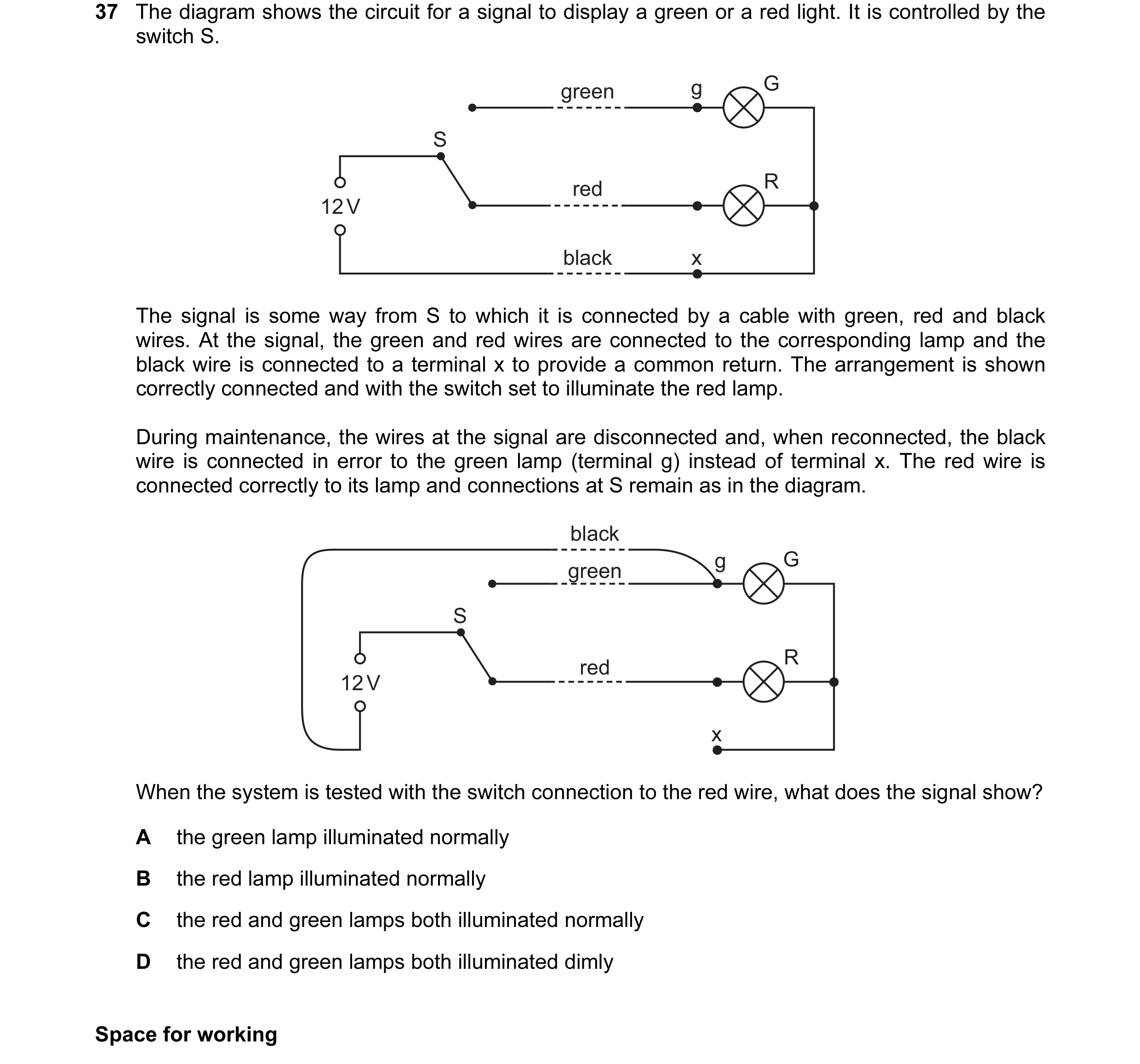 Question 44: The diagram shows the circuit for a signal to display a green or a red light. It is controlled by the switch S. green g G S red R 12 V blac…