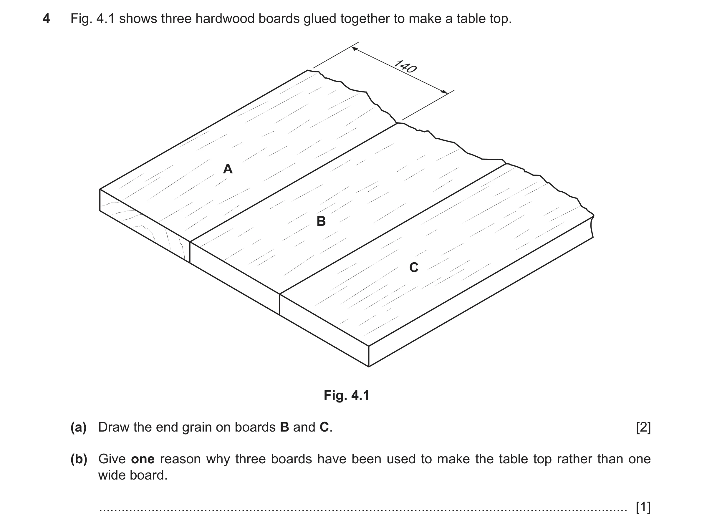Question 447: Fig. 4.1 shows three hardwood boards glued together to make a table top. 140 A B C Fig. 4.1 (a) Draw the end grain on boards B and C. [2] (…