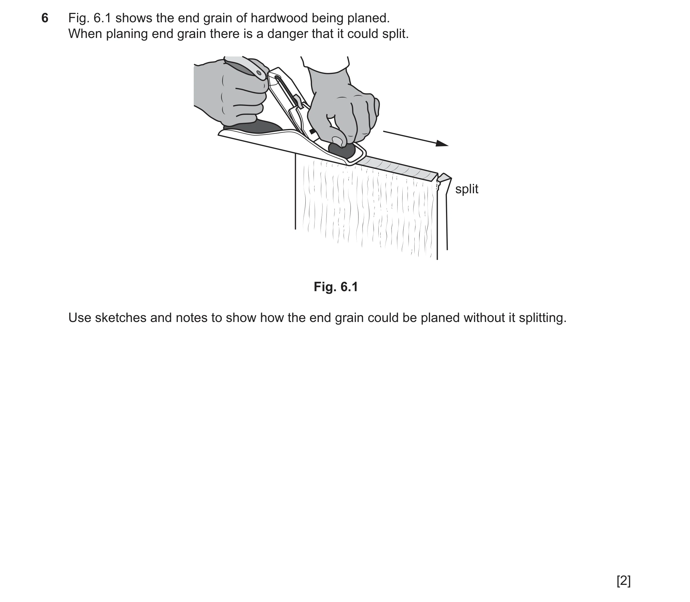 Question 449: Fig. 6.1 shows the end grain of hardwood being planed. When planing end grain there is a danger that it could split. split Fig. 6.1 Use ske…