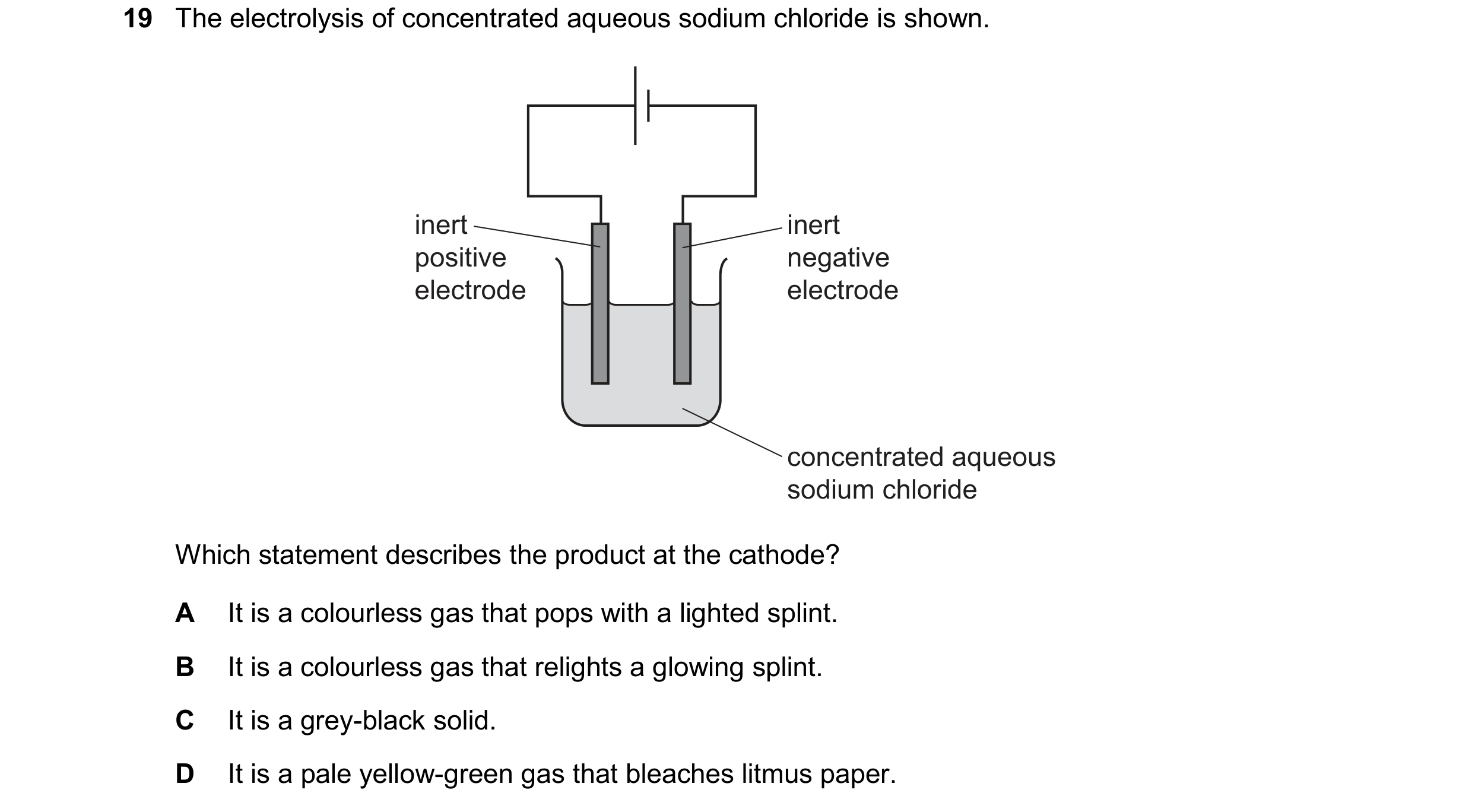 Question 20: The electrolysis of concentrated aqueous sodium chloride is shown. inert inert positive negative electrode electrode concentrated aqueous s…
