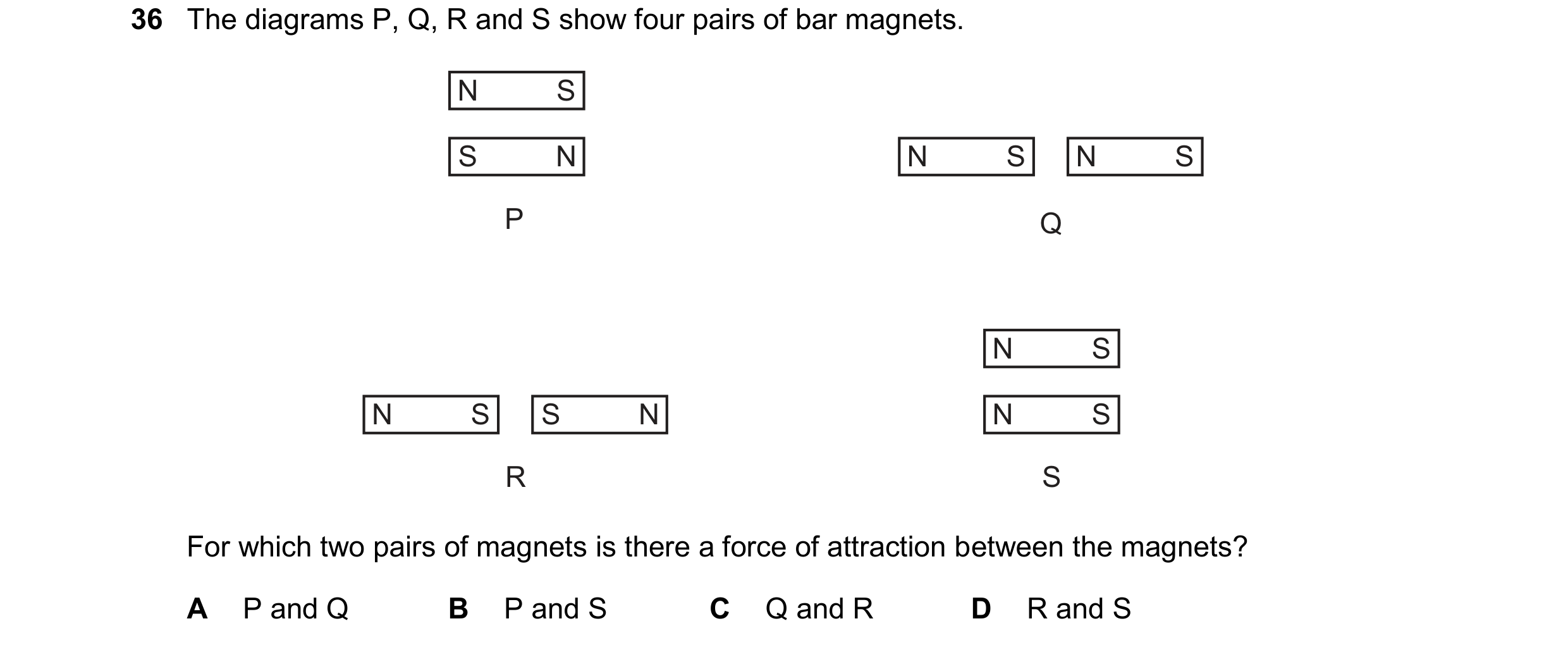 Question 13: The diagrams P, Q, R and S show four pairs of bar magnets. N S S N N S N S P Q N S N S S N N S R S For which two pairs of magnets is there …