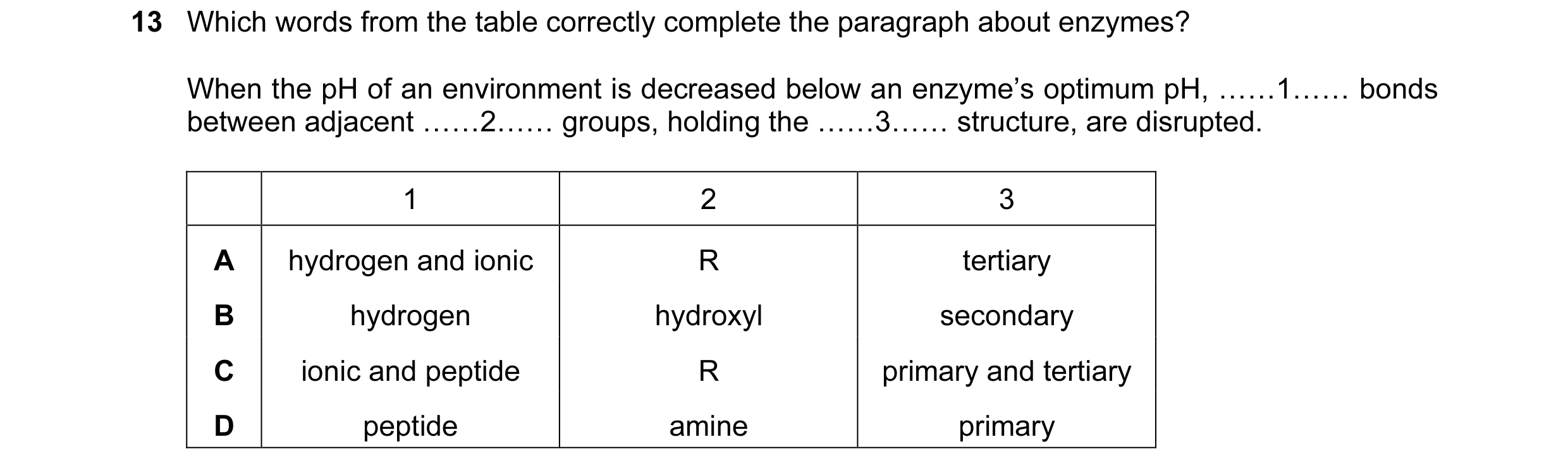 Question 84: Which words from the table correctly complete the paragraph about enzymes? When the pH of an environment is decreased below an enzyme’s opt…